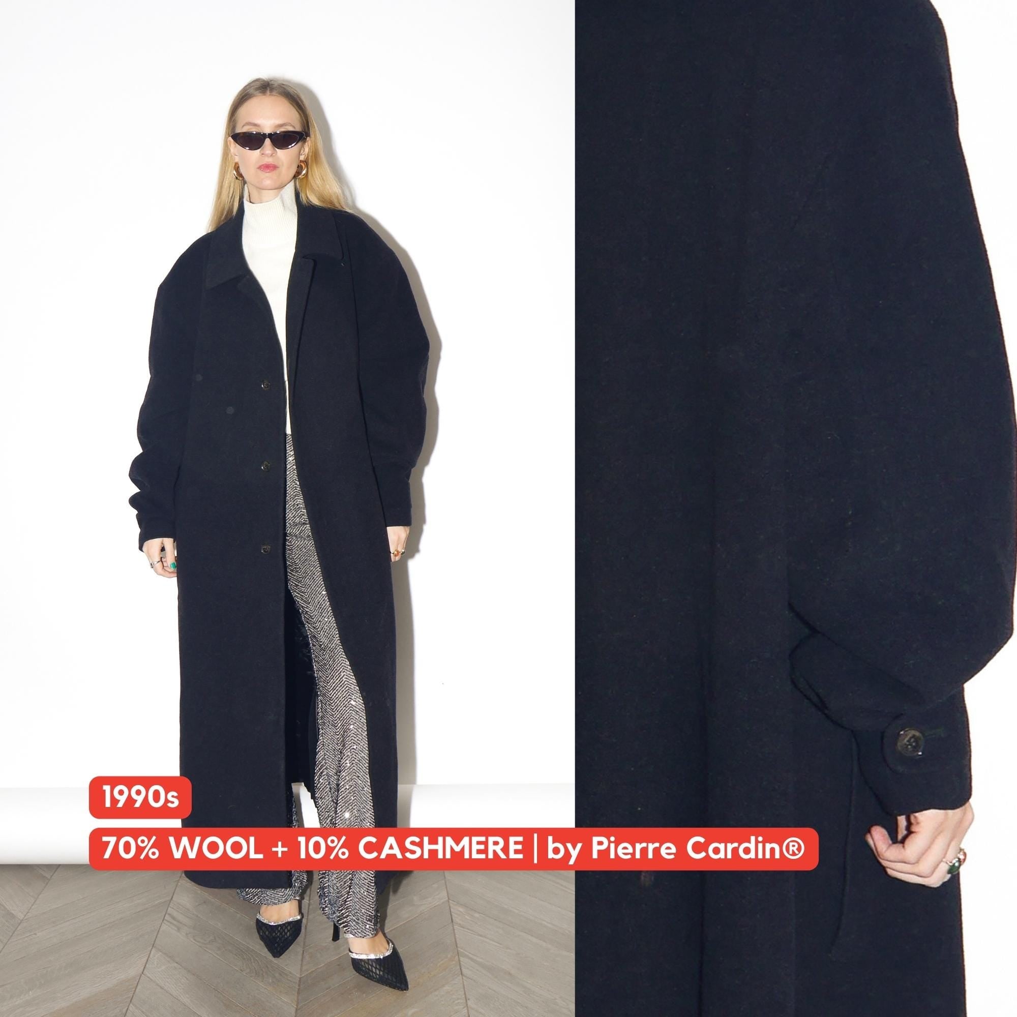 VINTAGE Black Wool Maxi Coat from 1990s by Pierre Cardin® with Puffer Sleeves