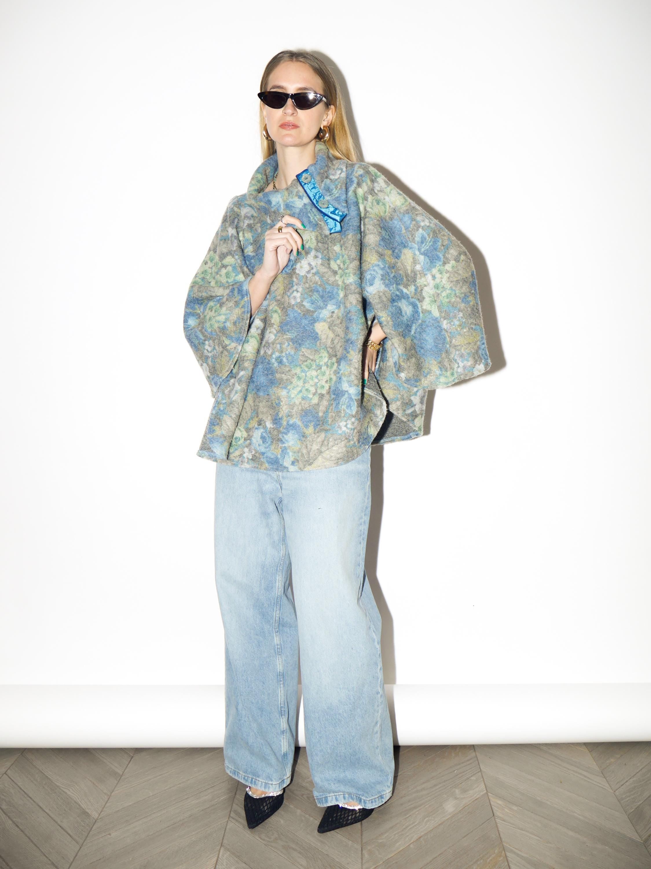 VINTAGE Blue 100% Wool Poncho with Floral Pattern | Handmade Warm Retro Poncho