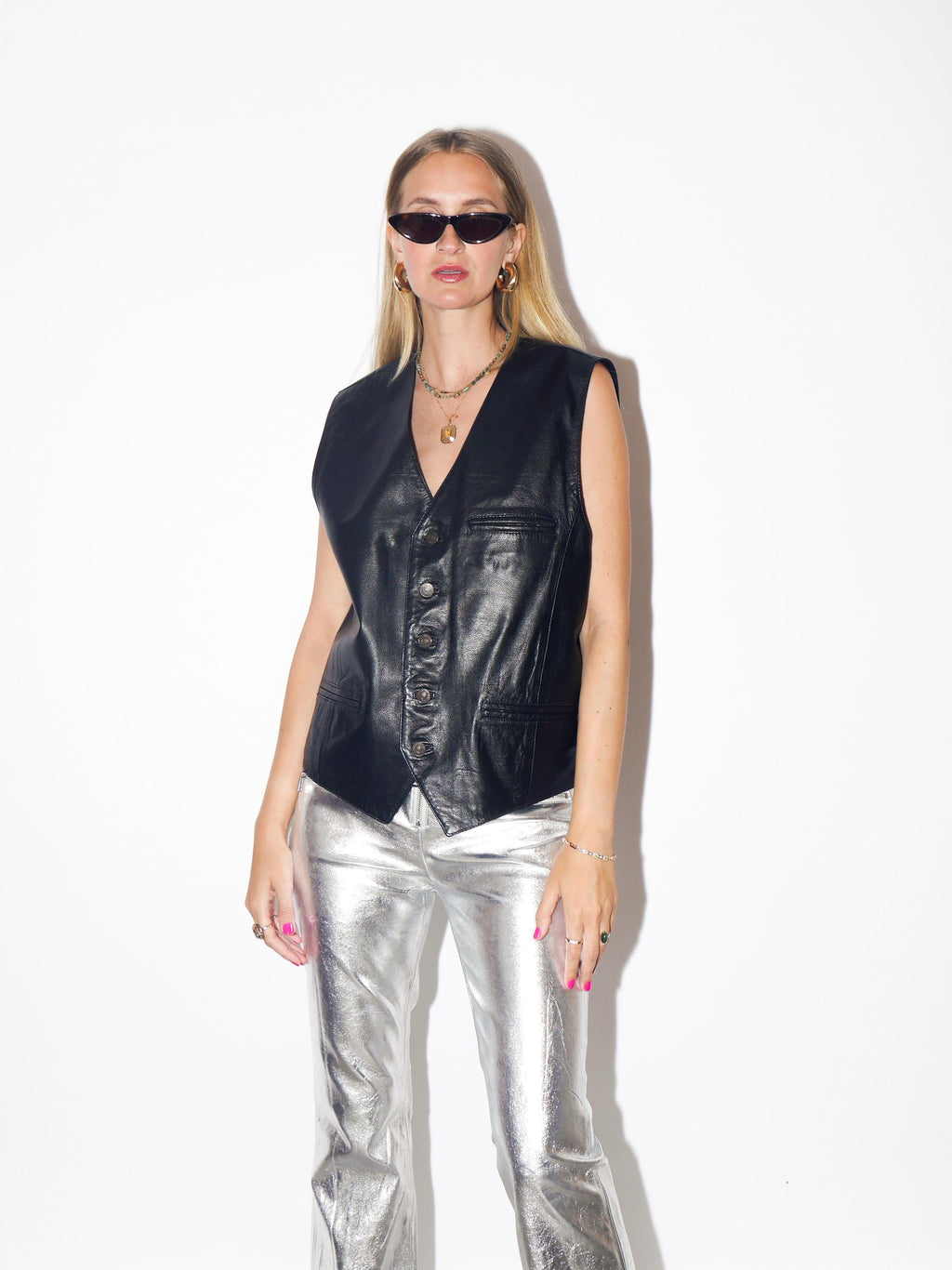 VINTAGE Black Leather Vest With Metal Buttons From The 1980s By Henry Money