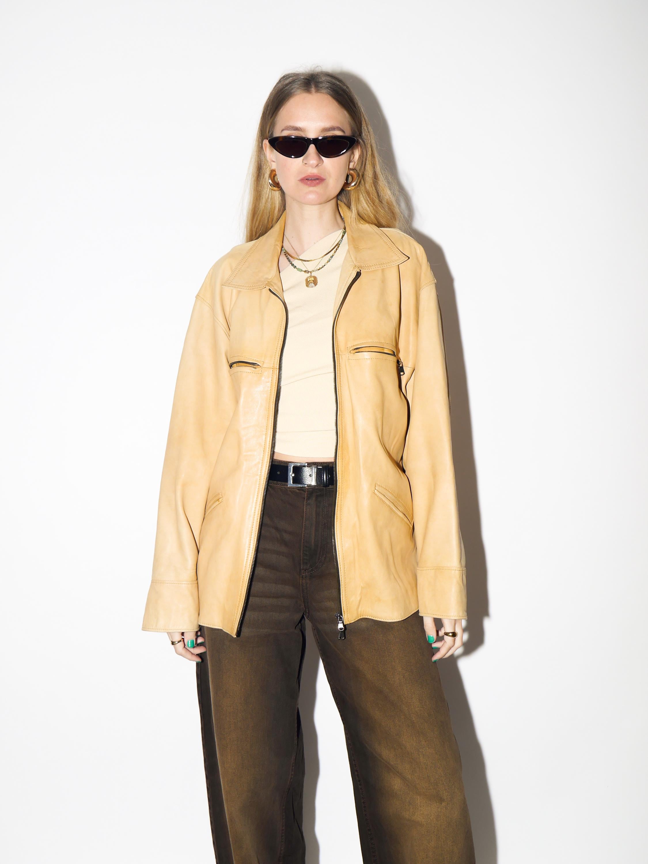VINTAGE Apricot Leather Jacket from 1990s by Alta Moda® | Oversize Leather Jacket