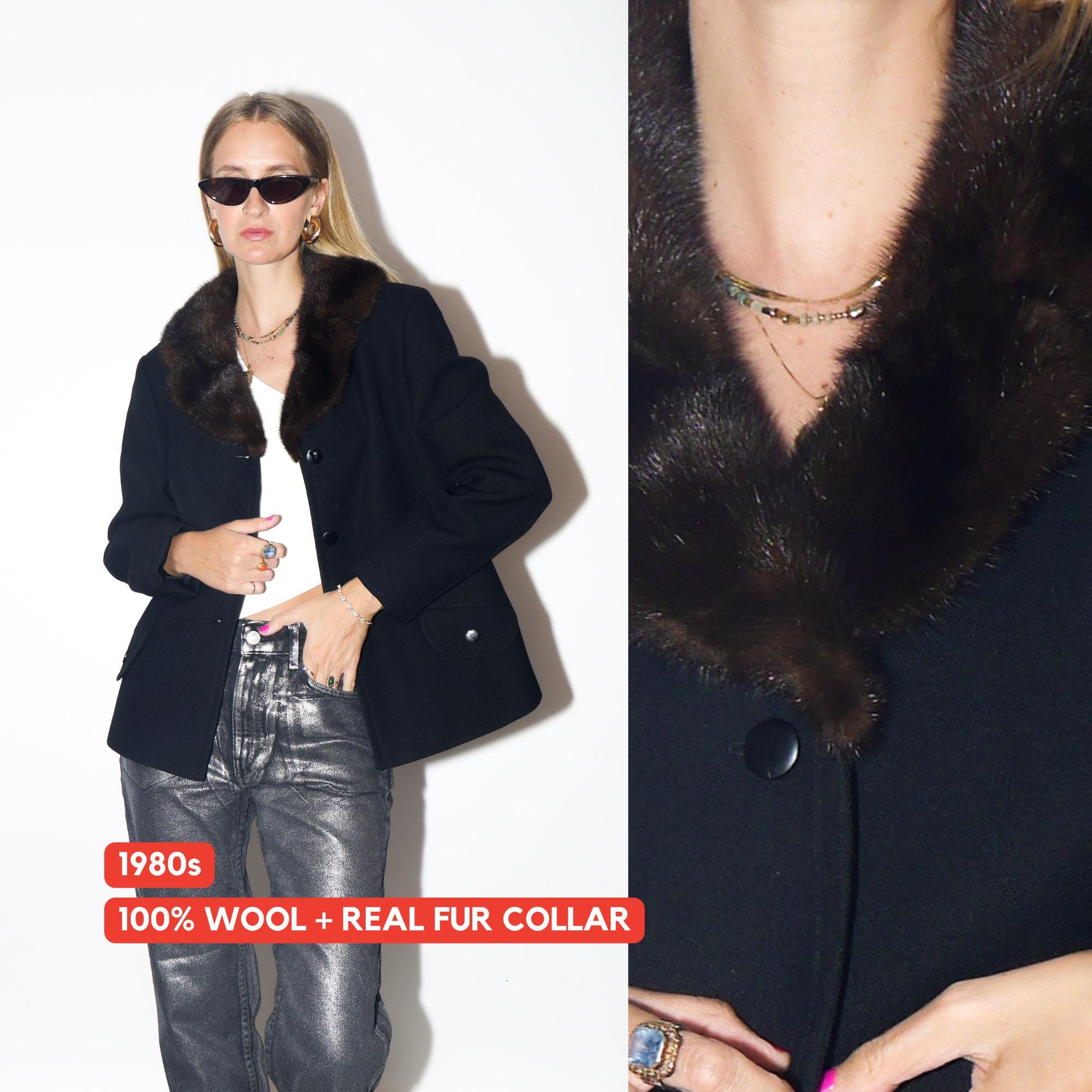 VINTAGE Wool Black Blazer With Real Brown Fur Collar From The 1980s By Maris