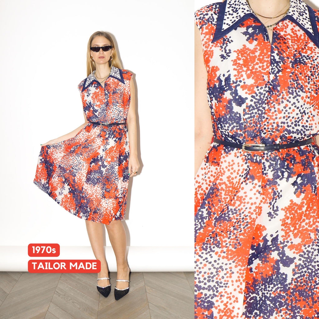 VINTAGE Polka Dot Sleeveless Dress from 1970s | White Orange Navy Flowy Dress