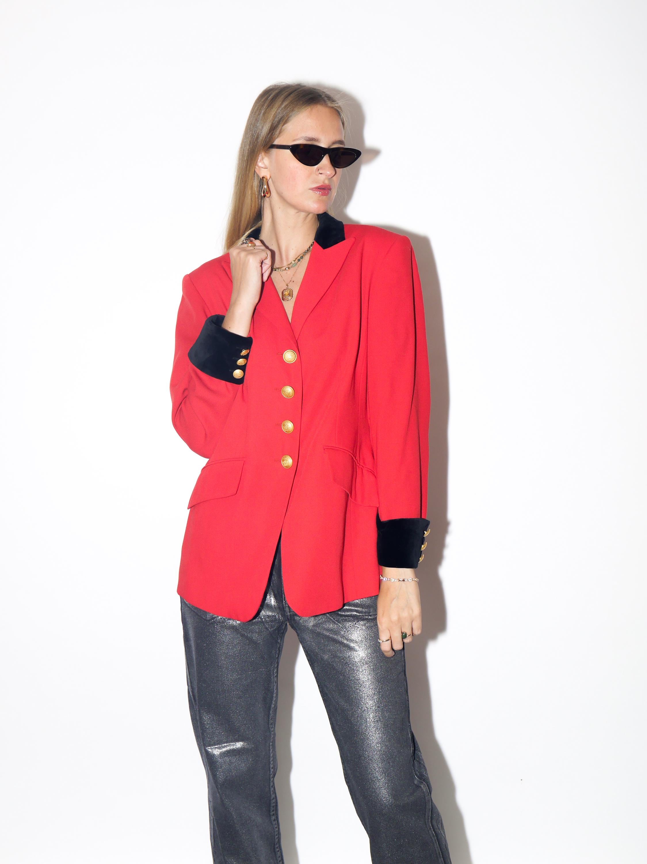 VINTAGE Wool Red Blazer With Black Velvet Cuffs And Collar And Gold Metal Buttons From The 1980s By Mondi