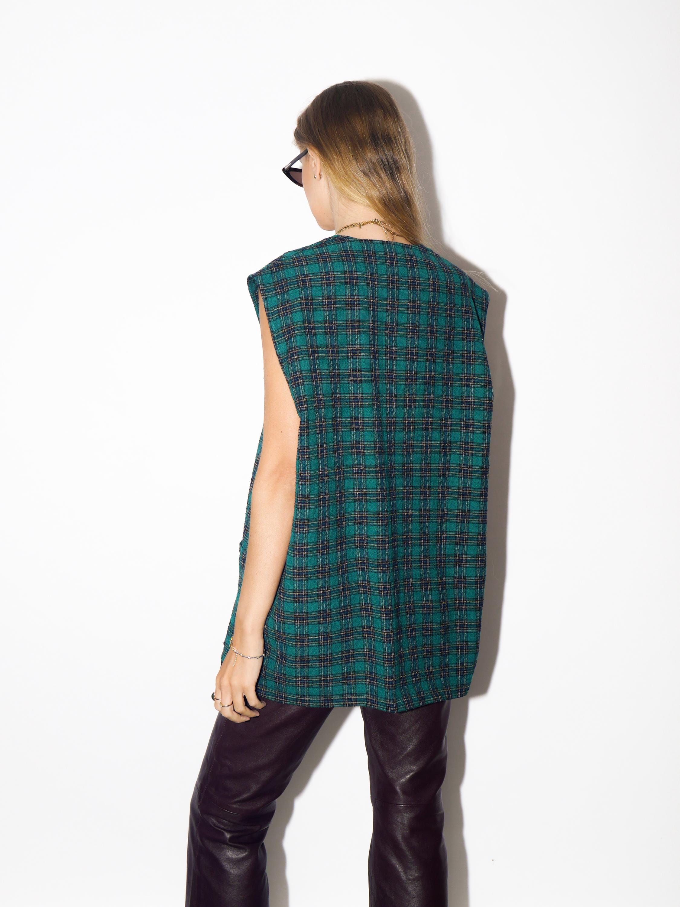 VINTAGE Green Wool Checked Oversized Vest From 1980s With Decorative Buttons By Delmod International