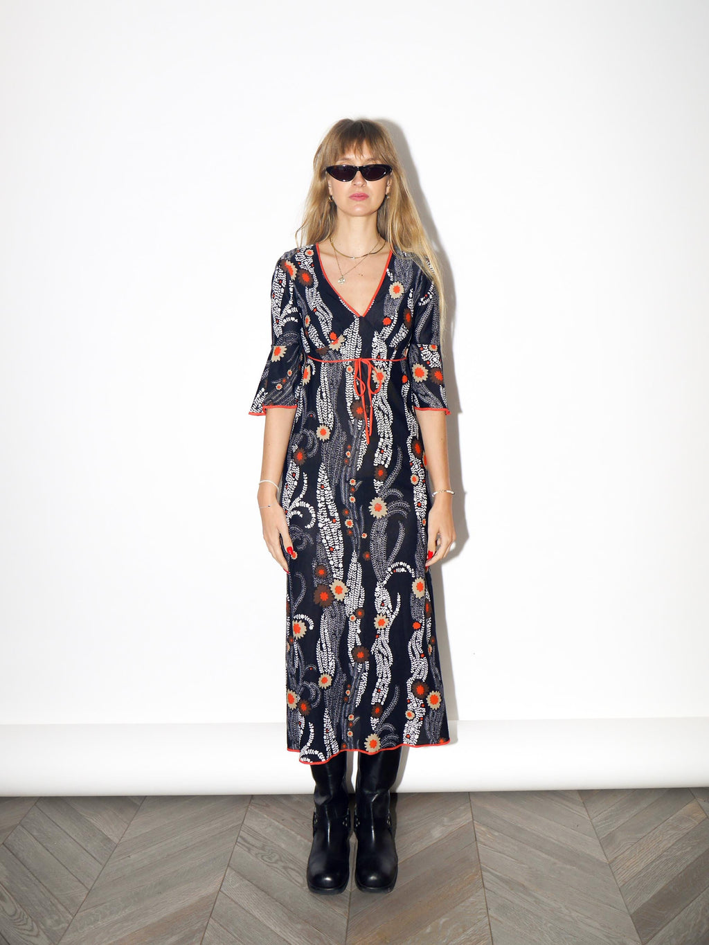 VINTAGE Black And Orange Floral Midi Dress With Ruffle Sleeves From The 1970s