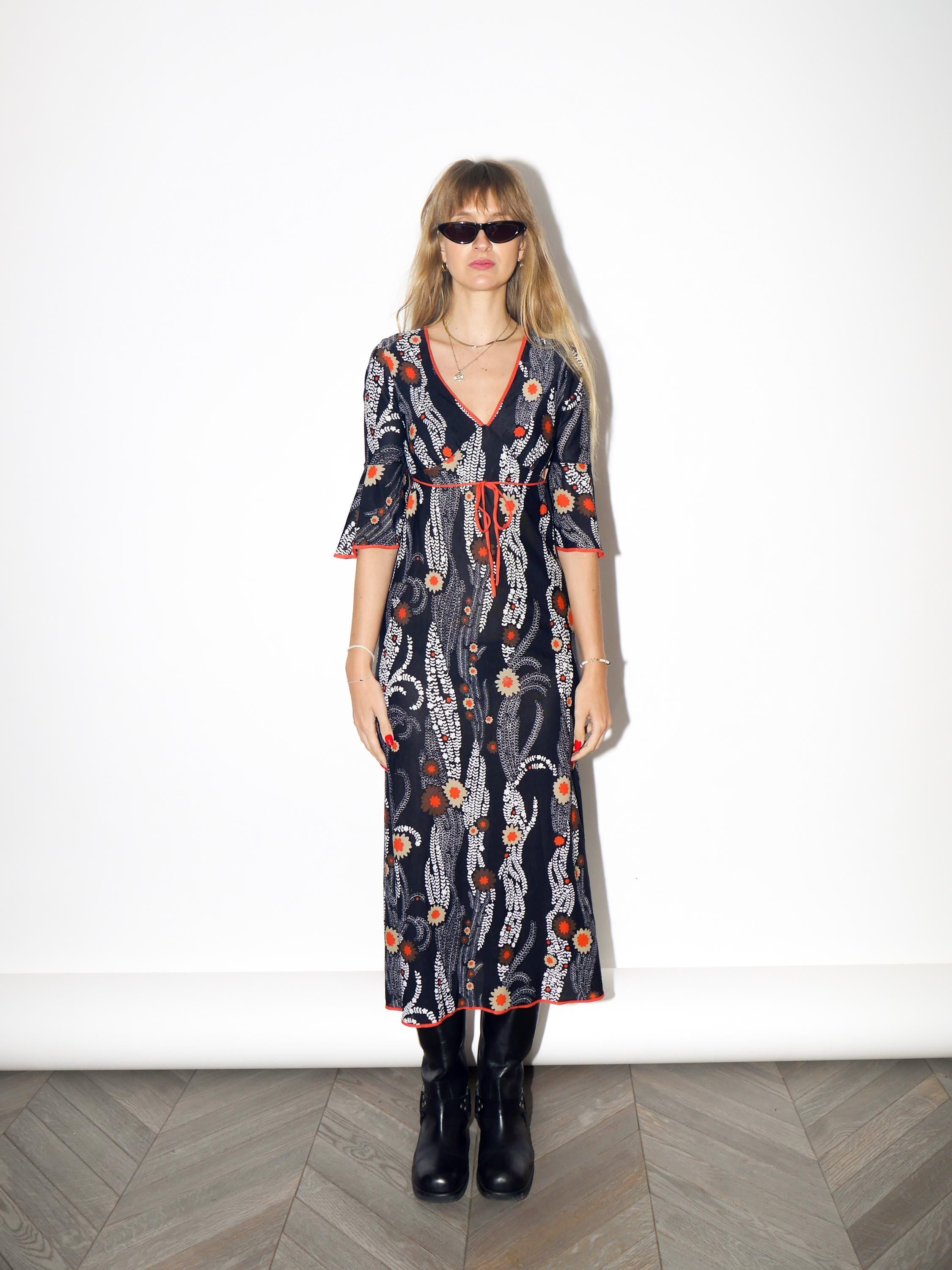 VINTAGE Black And Orange Floral Midi Dress With Ruffle Sleeves From The 1970s