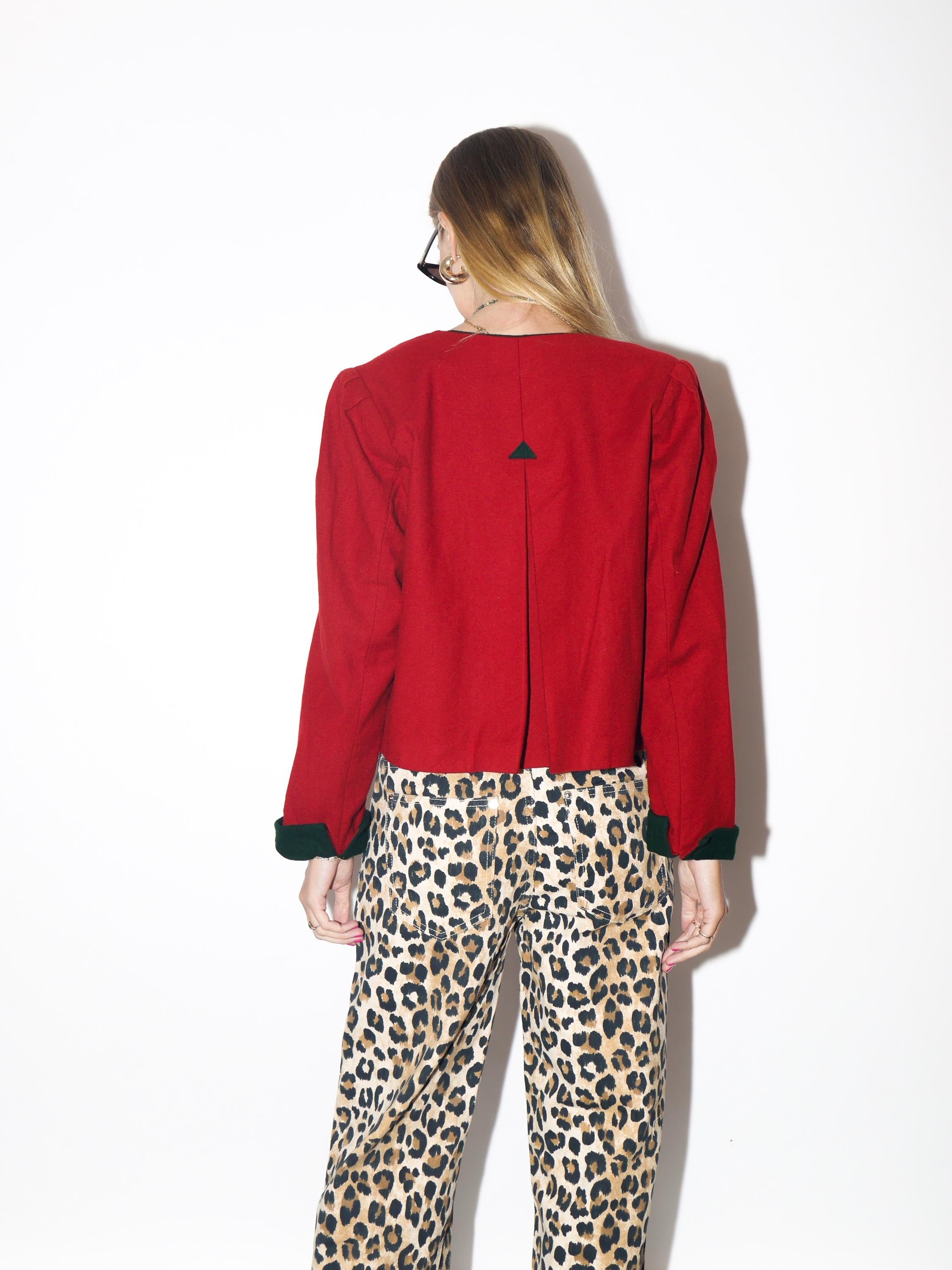 VINTAGE Wool Deep Red Cropped Austrian Blazer With Dark Green Velvet Collar And Cuffs From The 1980s By St Modell