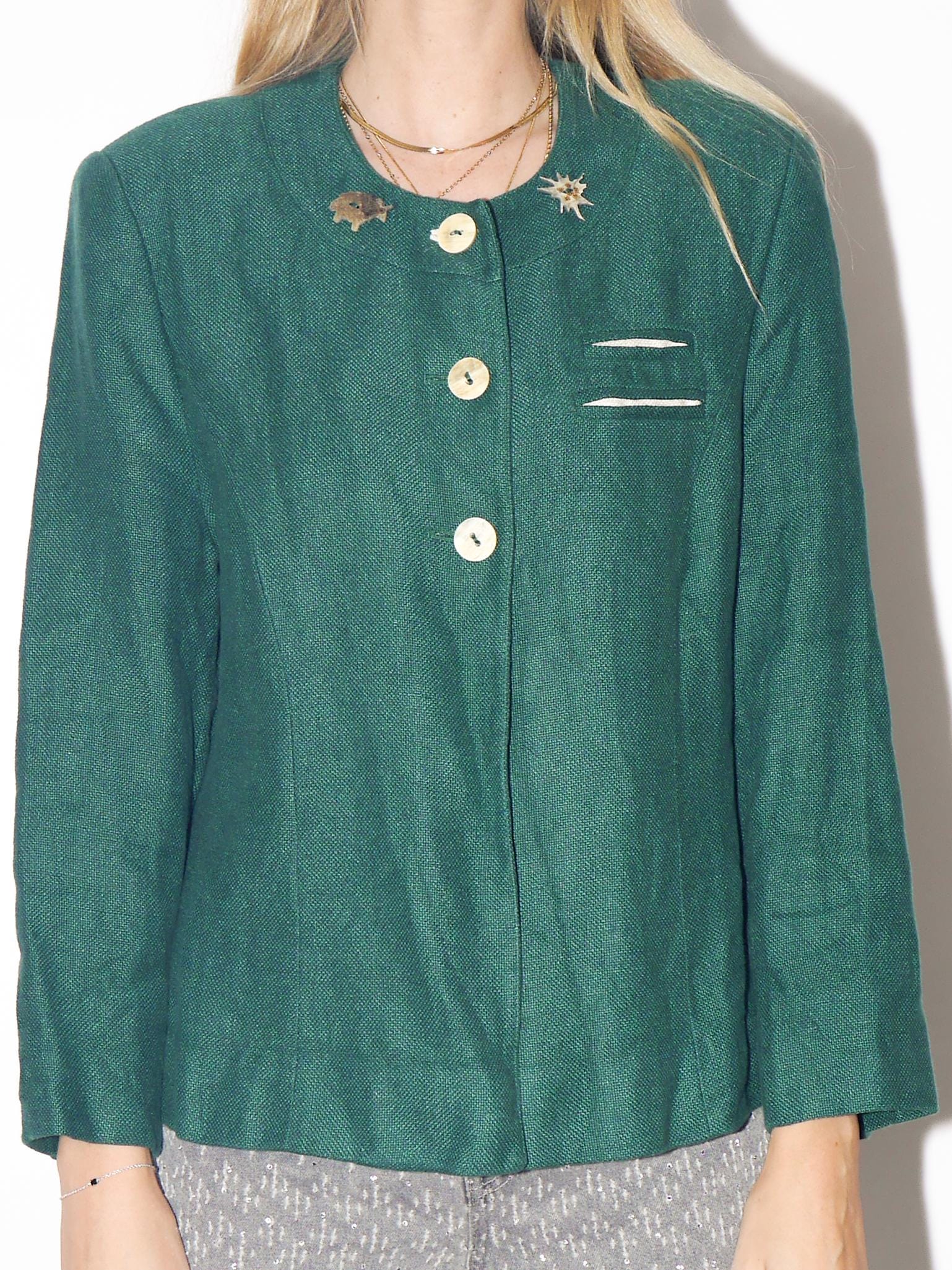VINTAGE Bottle Green Austrian Folk Linen Blazer From The 1980s