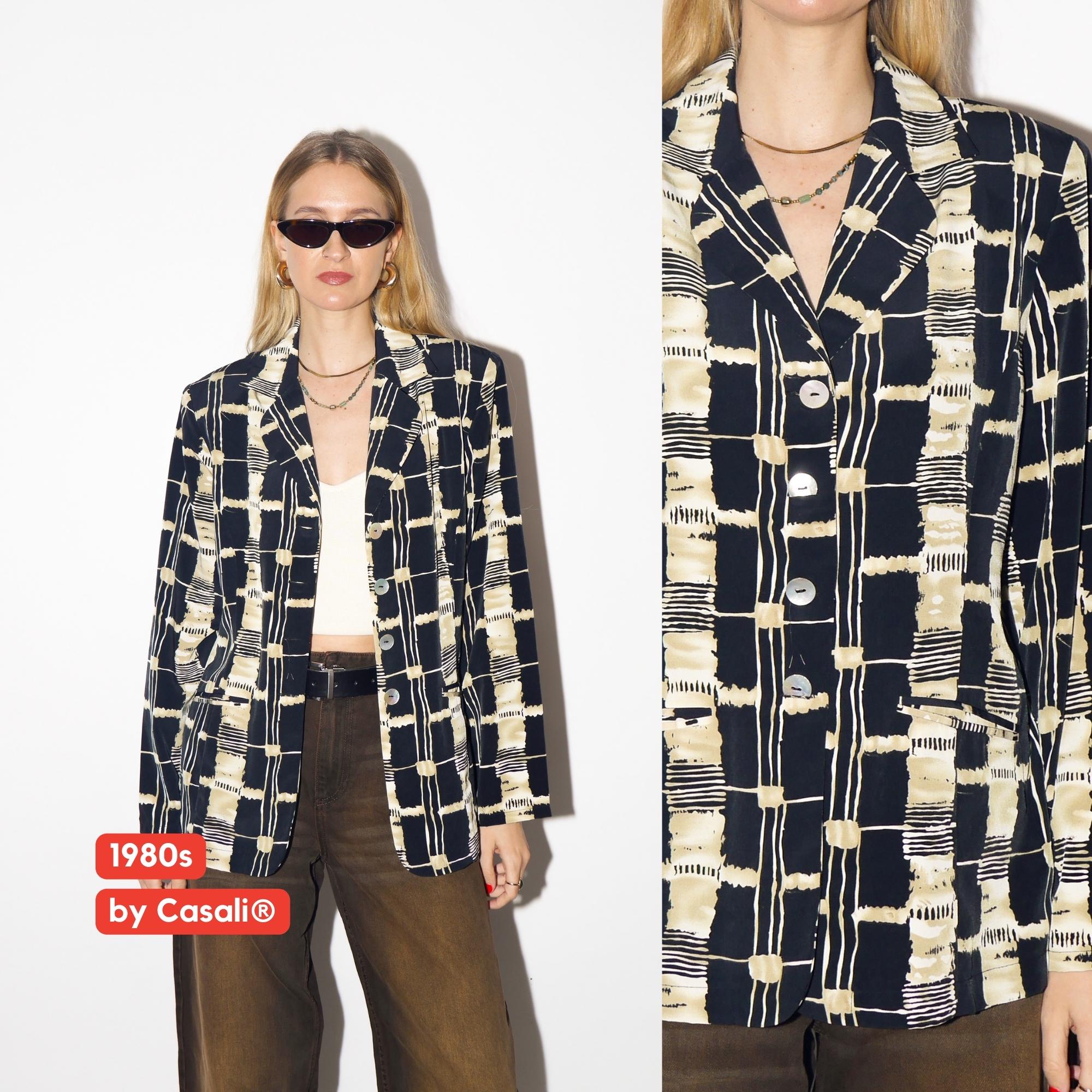 VINTAGE blazer in black and beige geometric print with shoulder pads from 1980s