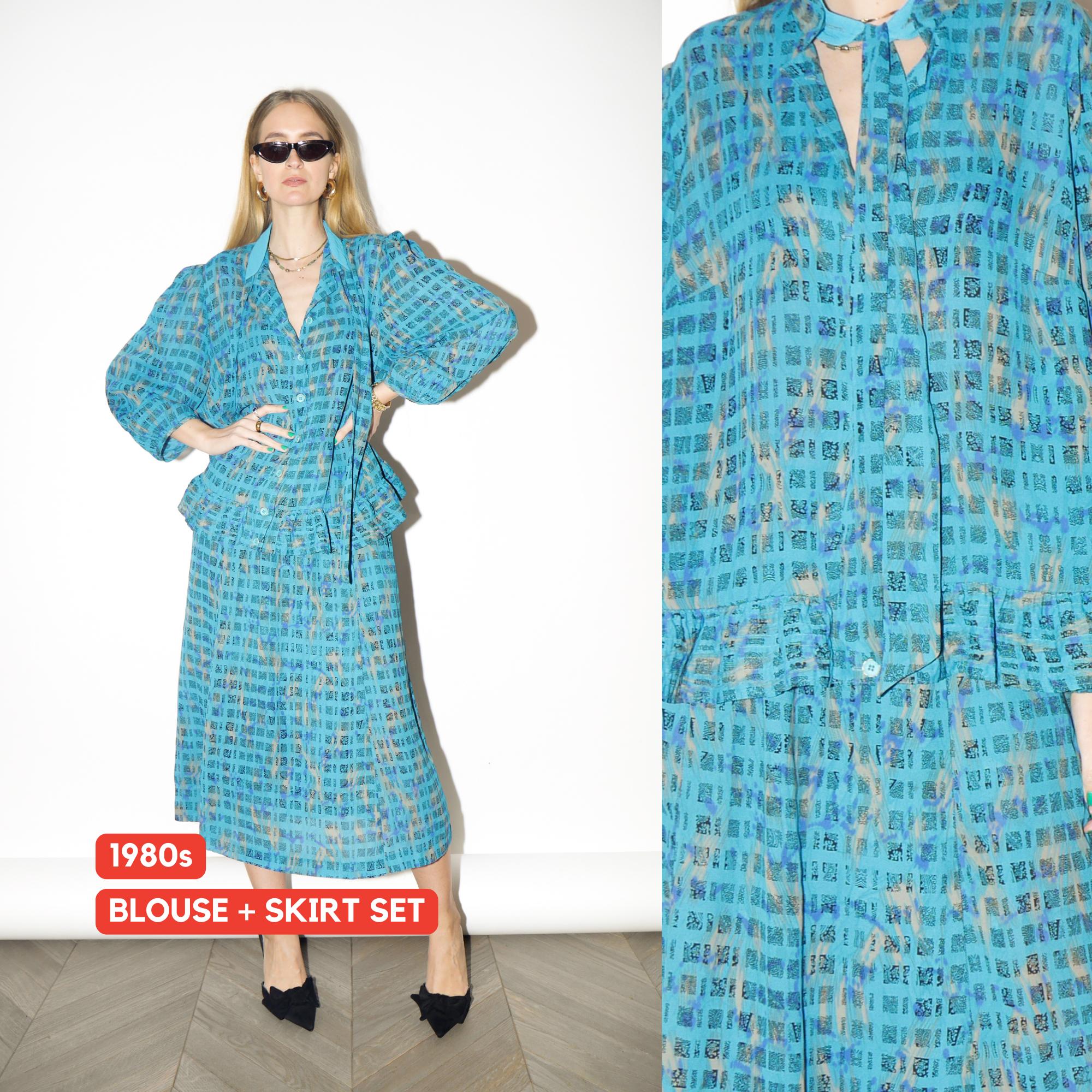 VINTAGE Blouse and Skirt Set from 1980s | Blue and Beige Blouse & Midi Skirt