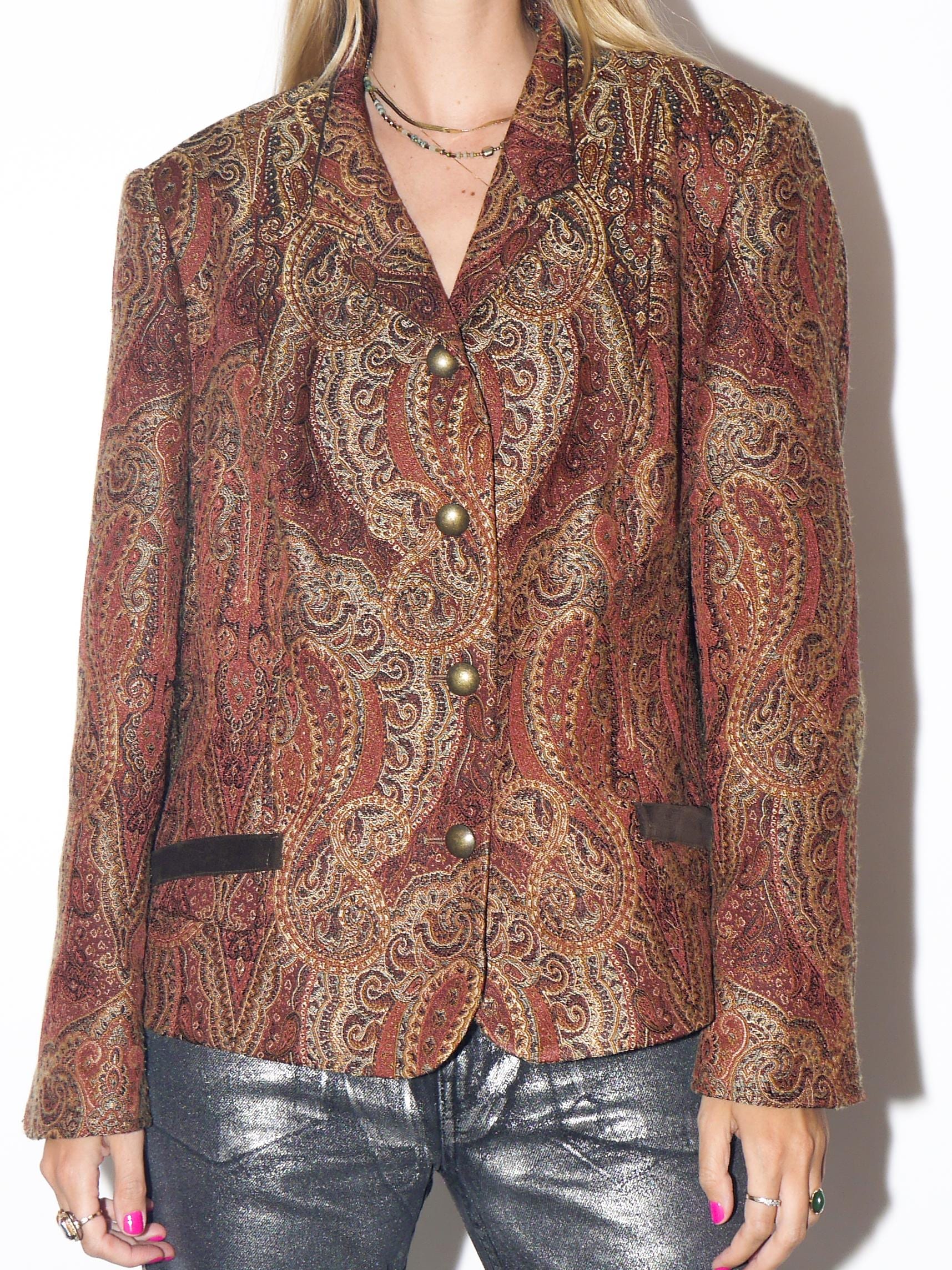 VINTAGE Viscose Bronze Brown Burgundy Oversized Jacquard Blazer With Velvet Collar And Metal Buttons From The 1980s