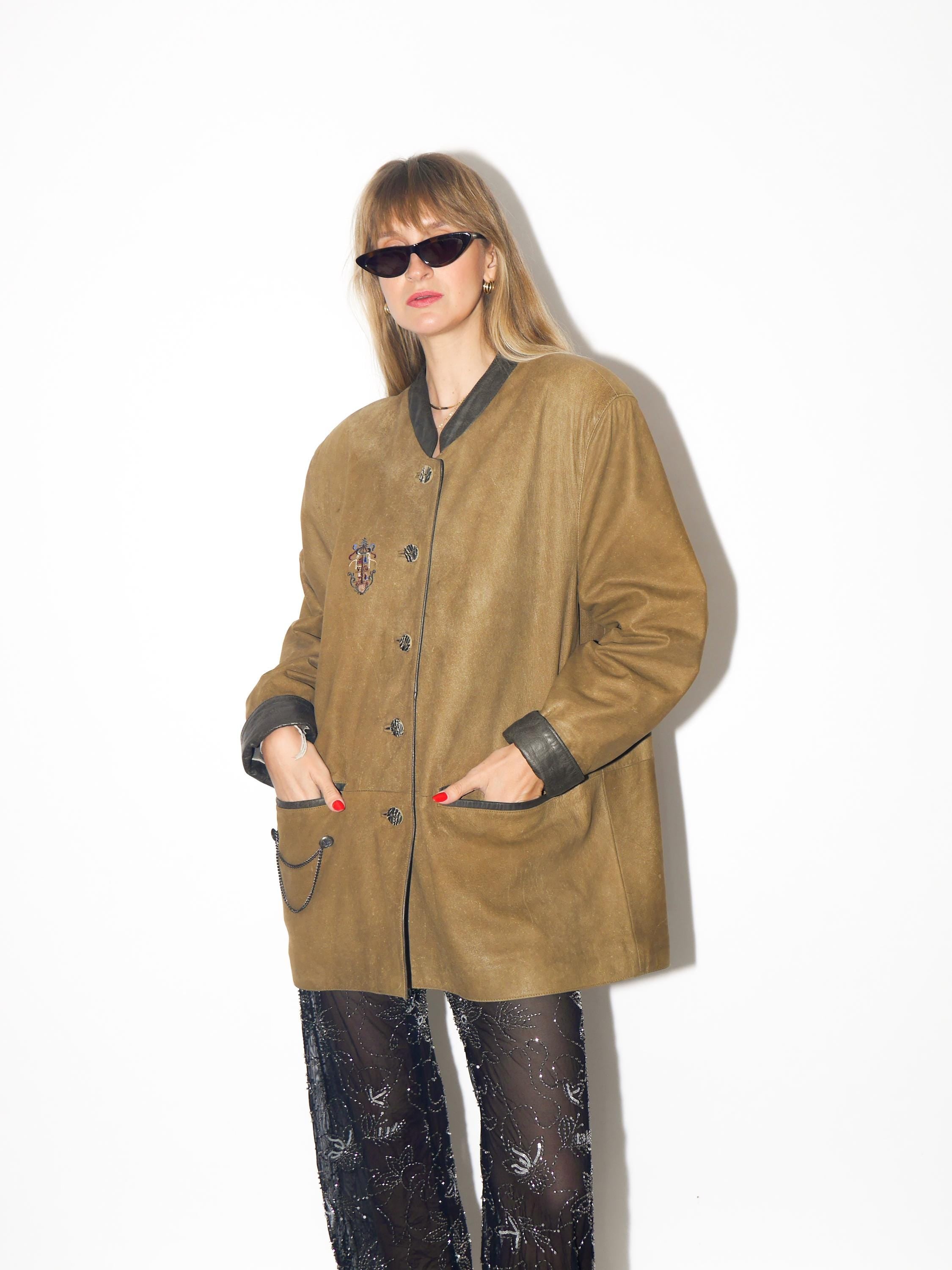 VINTAGE Khaki Brown Matte Leather Jacket With Embroidery From The
