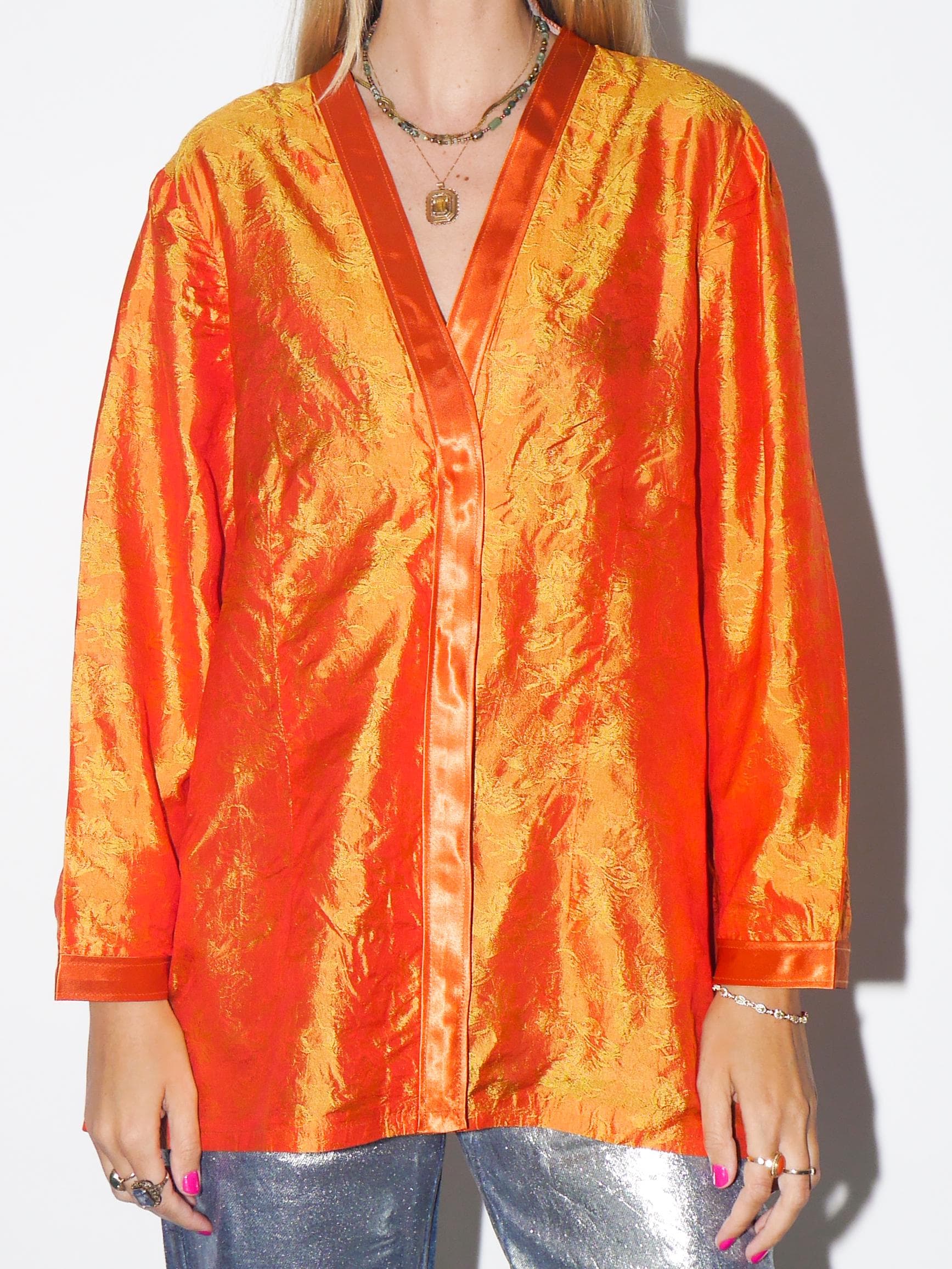 VINTAGE 100% Silk Orange Floral Oversized Blouse Tailor Made One Of A Kind From The 1980s (Handmade)
