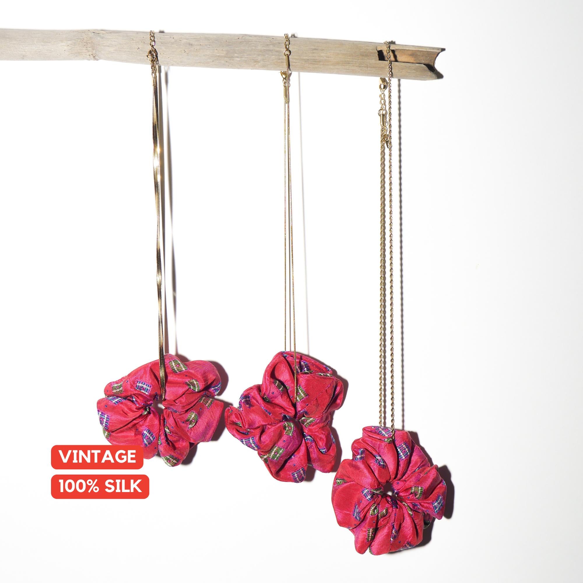 Handmade 100% Silk Scrunchie from Vintage 1980s Tie by MODOPOL - Red with Blue Squares