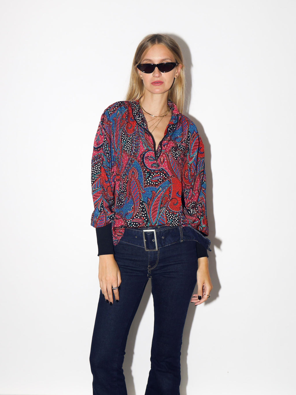 VINTAGE Red And Blue Paisley Half Zip Top With Stand-Up Collar From The 1980s By Kurt Kellermann