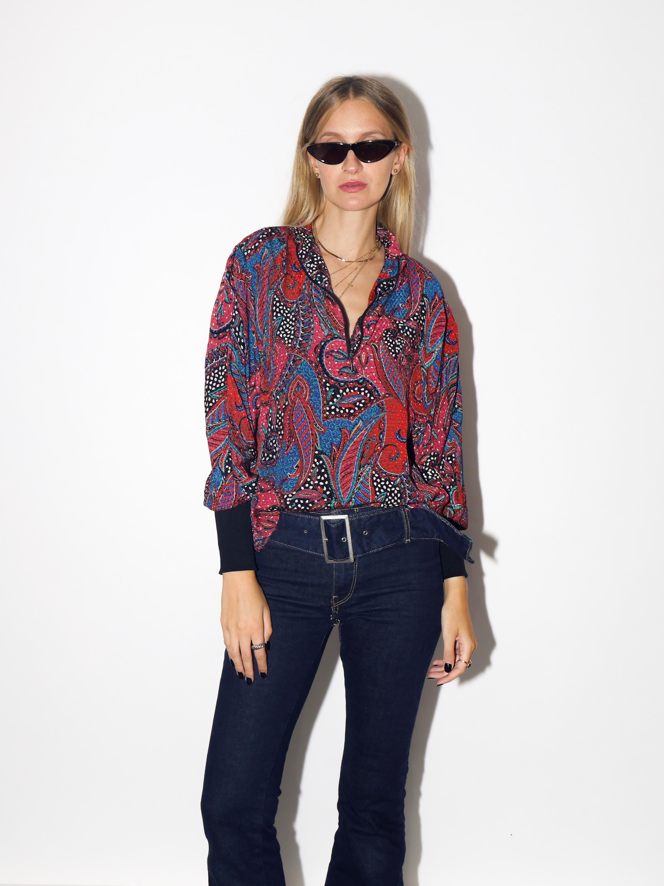 VINTAGE Red And Blue Paisley Half Zip Top With Stand-Up Collar From The 1980s By Kurt Kellermann