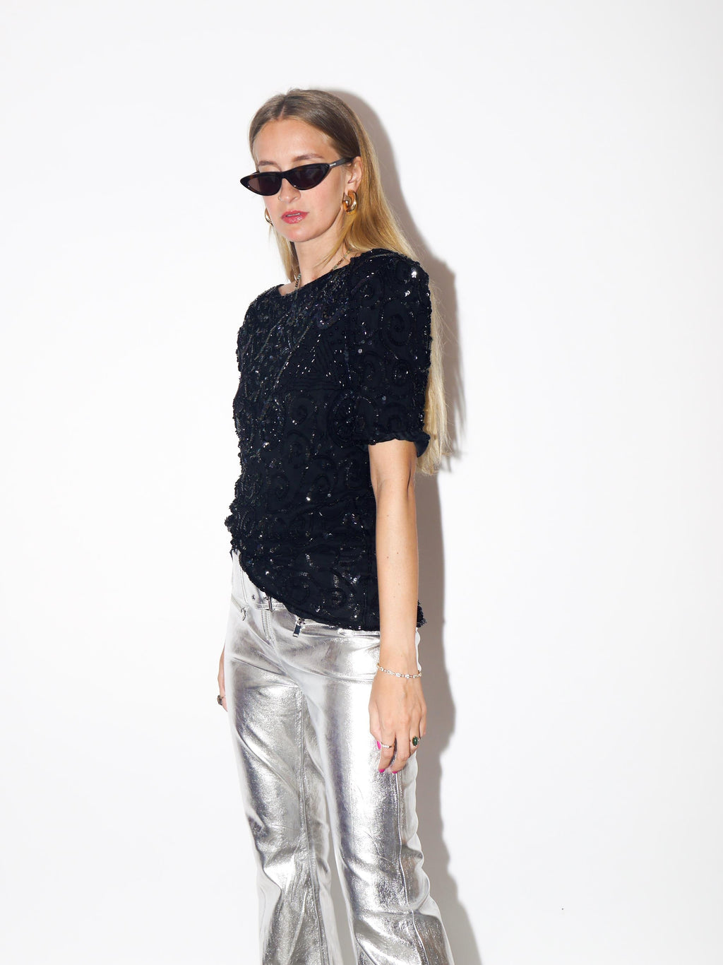 VINTAGE Black Silk Short Sleeve Sequin Blouse With Shoulder Pads From The 1980s By Ribbel