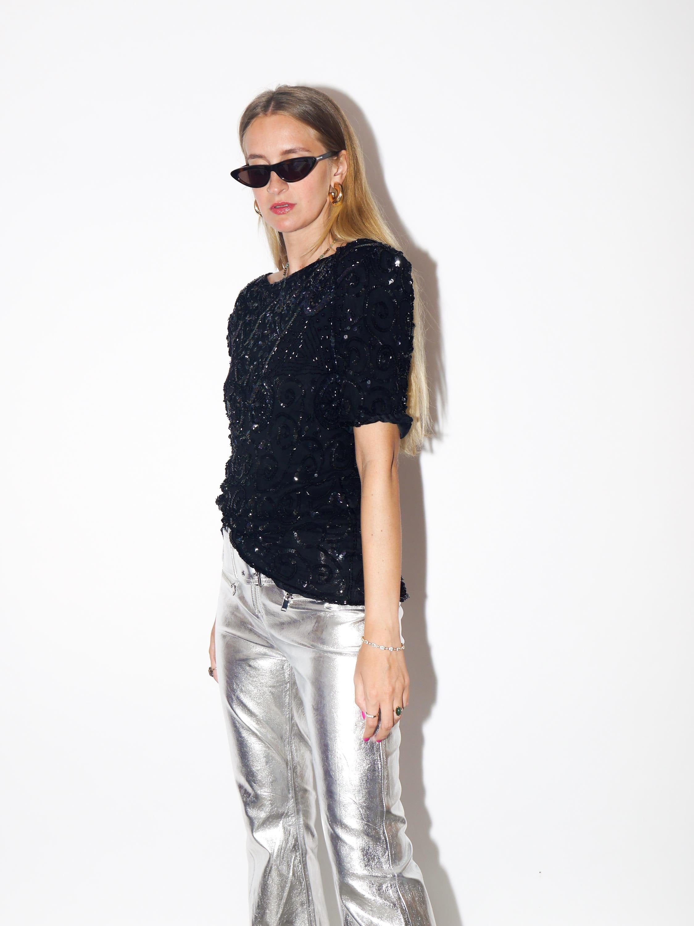 VINTAGE Black Silk Short Sleeve Sequin Blouse With Shoulder Pads From The 1980s By Ribbel