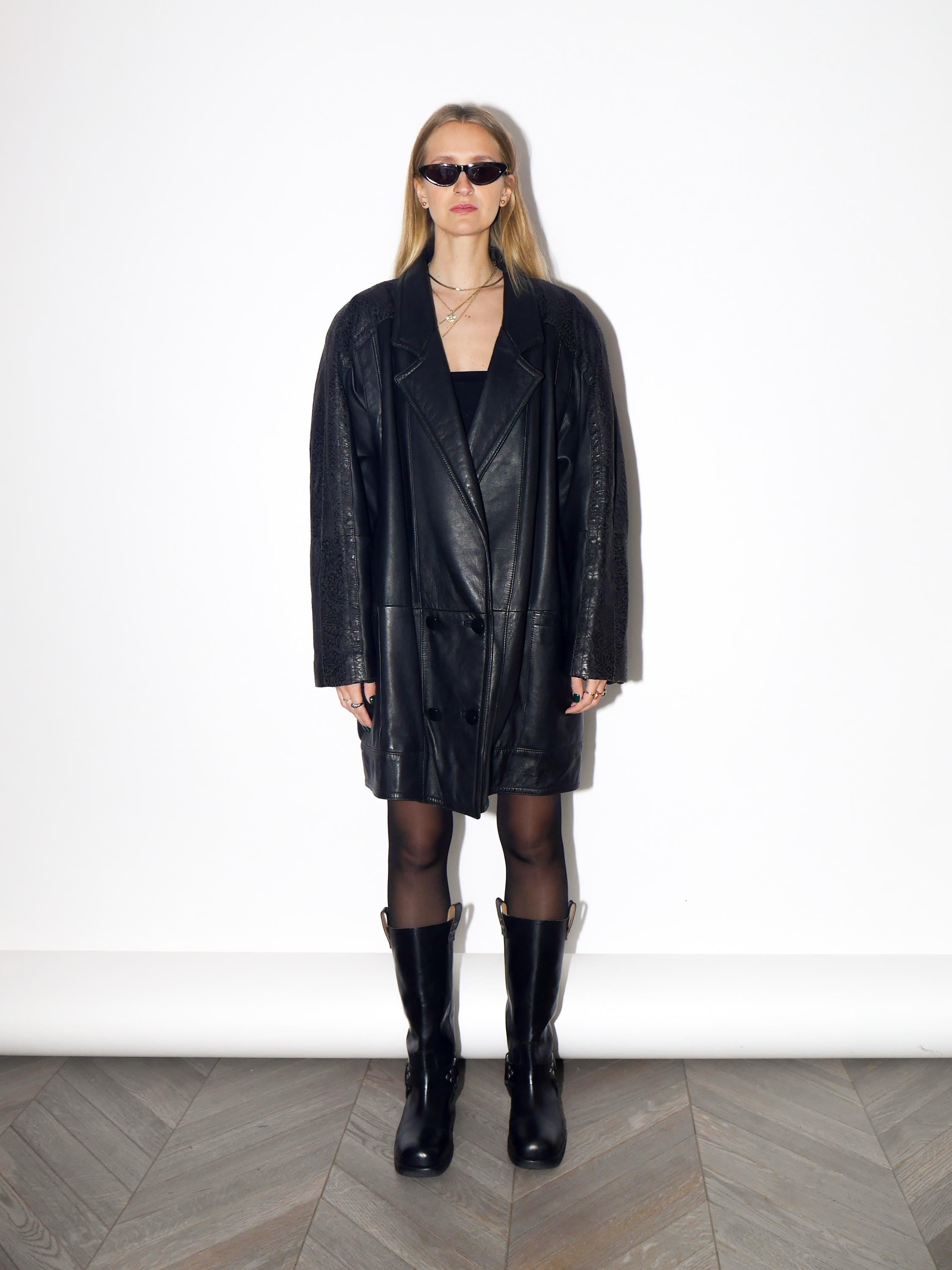 VINTAGE Black Floral Embossed Leather Coat Jacket From The 1980s By G.S. Ledermoden Germany