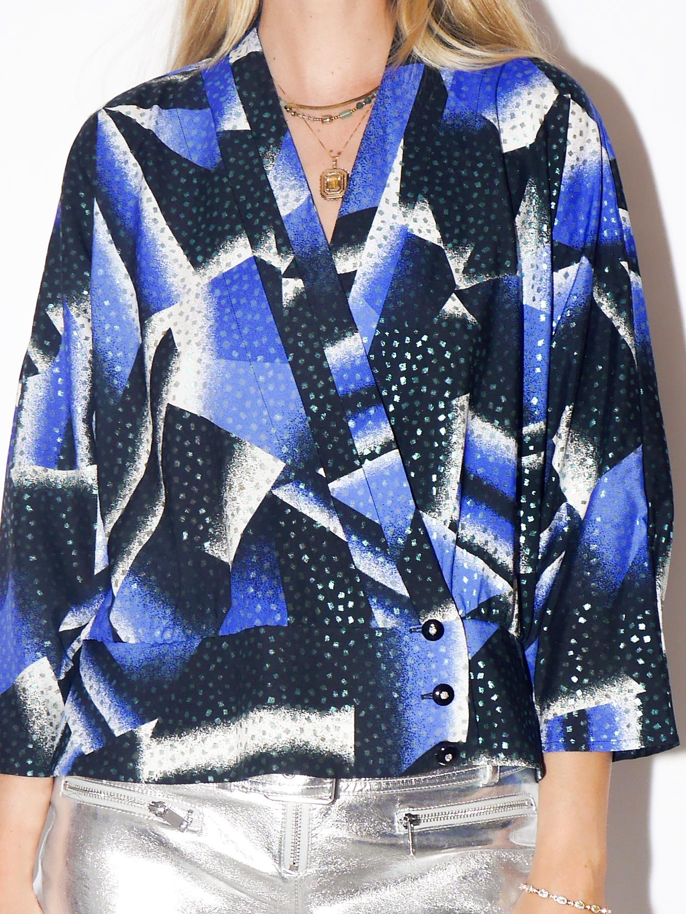 VINTAGE Cobalt Blue Black And White Asymmetric Peplum Blouse With Glitter Pattern From The 1980s By Frankenwalder