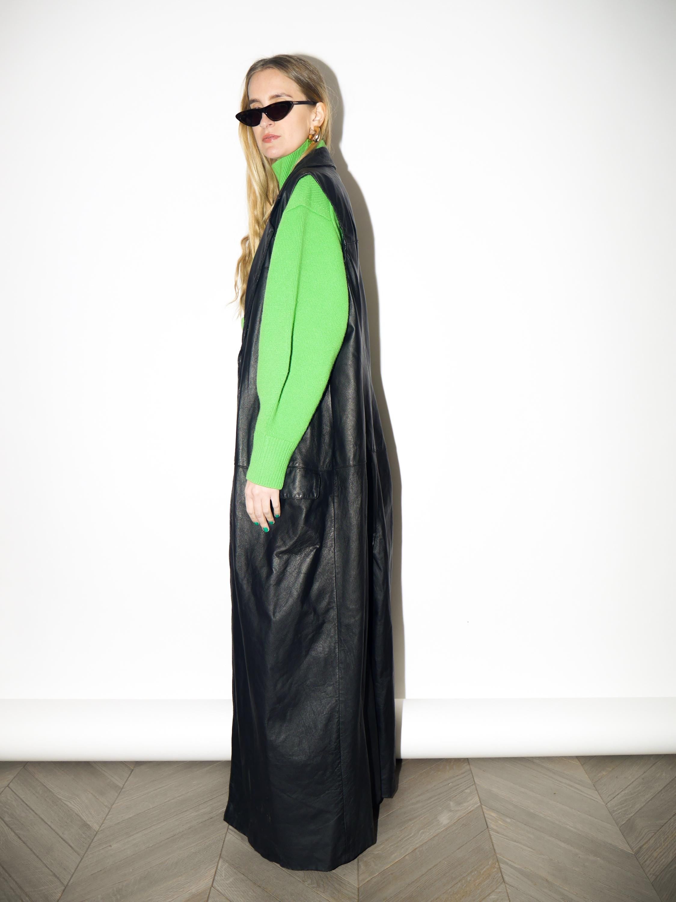 VINTAGE Black Maxi Leather Vest from 1980s | Matrix Style Long Leather Waistcoat