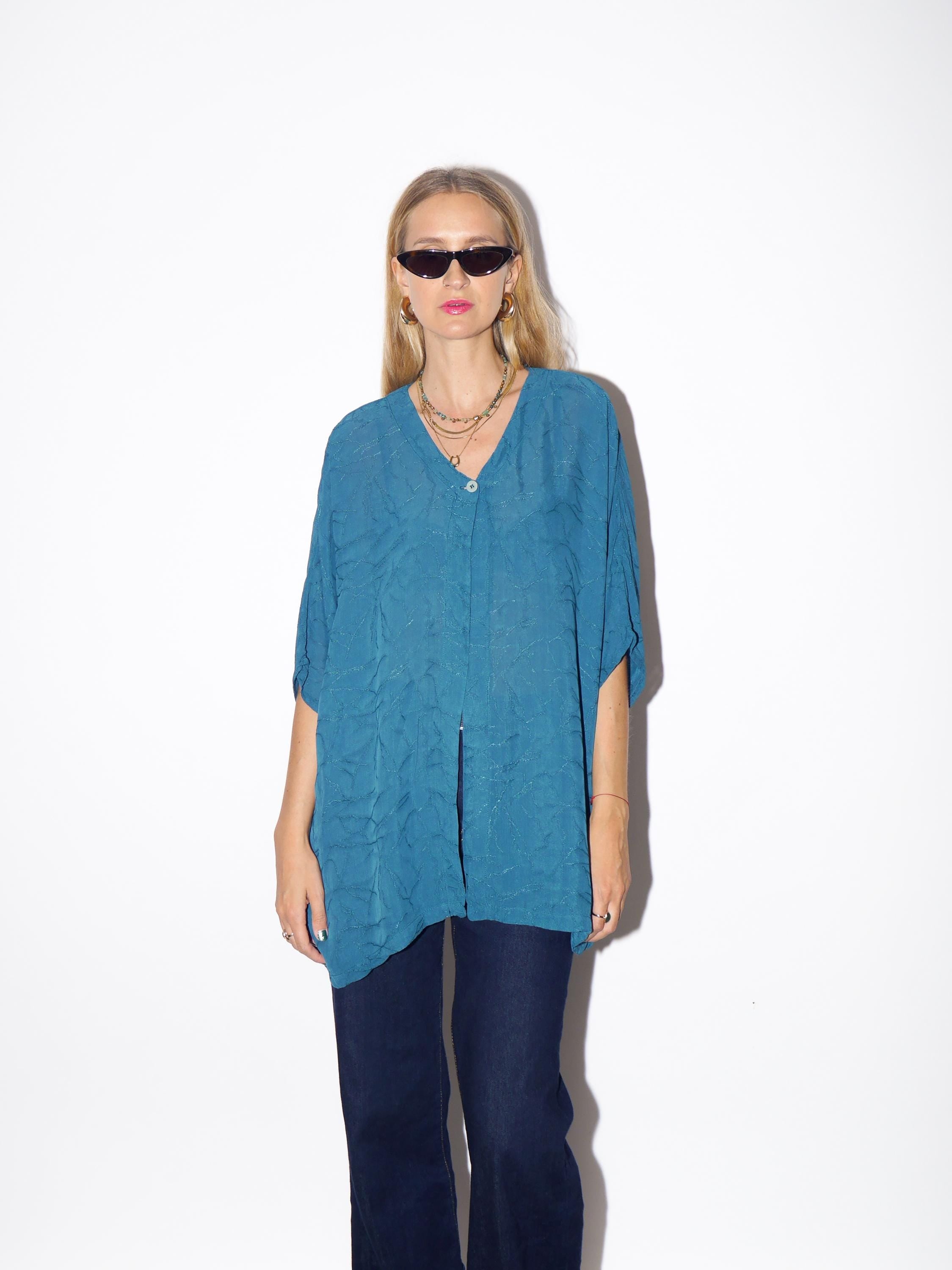 1970s Viscose Blouse - Vintage Turquoise Blue Blouse, Wavy Wrinkled Fabric Shirt, Retro Fashion Clothing for Women