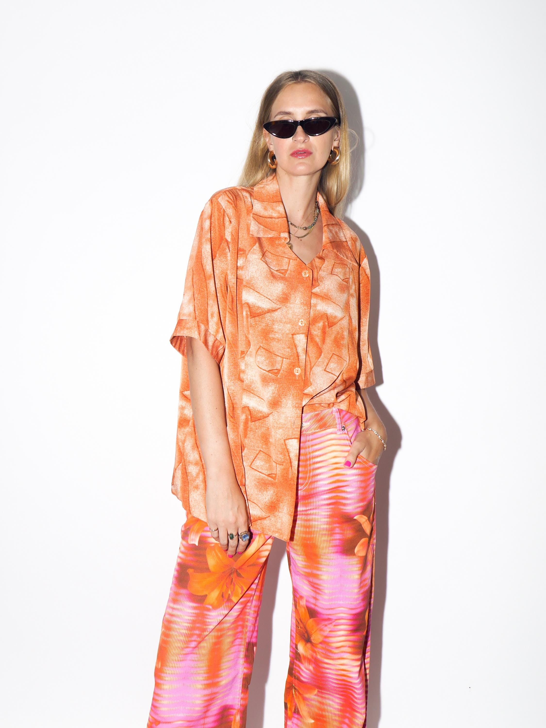 VINTAGE Oversized Orange Abstract Short Sleeve Shirt With Statement Collar And Unique Neckline From The 1980s By Wumak