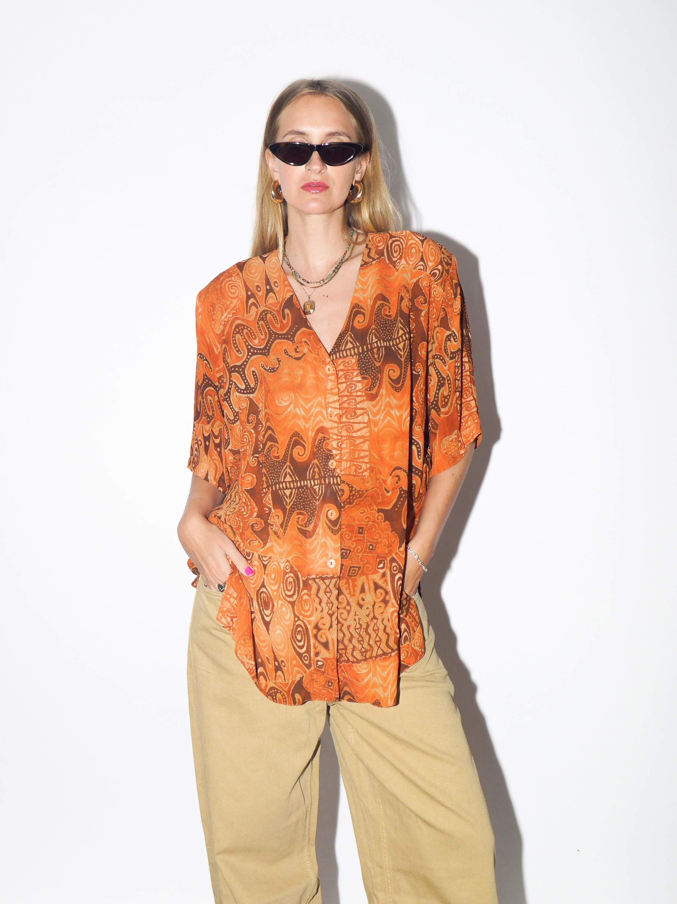 VINTAGE Viscose Orange Abstract Oversized Short Sleeve Blouse With Opalescent Buttons And Shoulder Pads From The 1980s By Domino