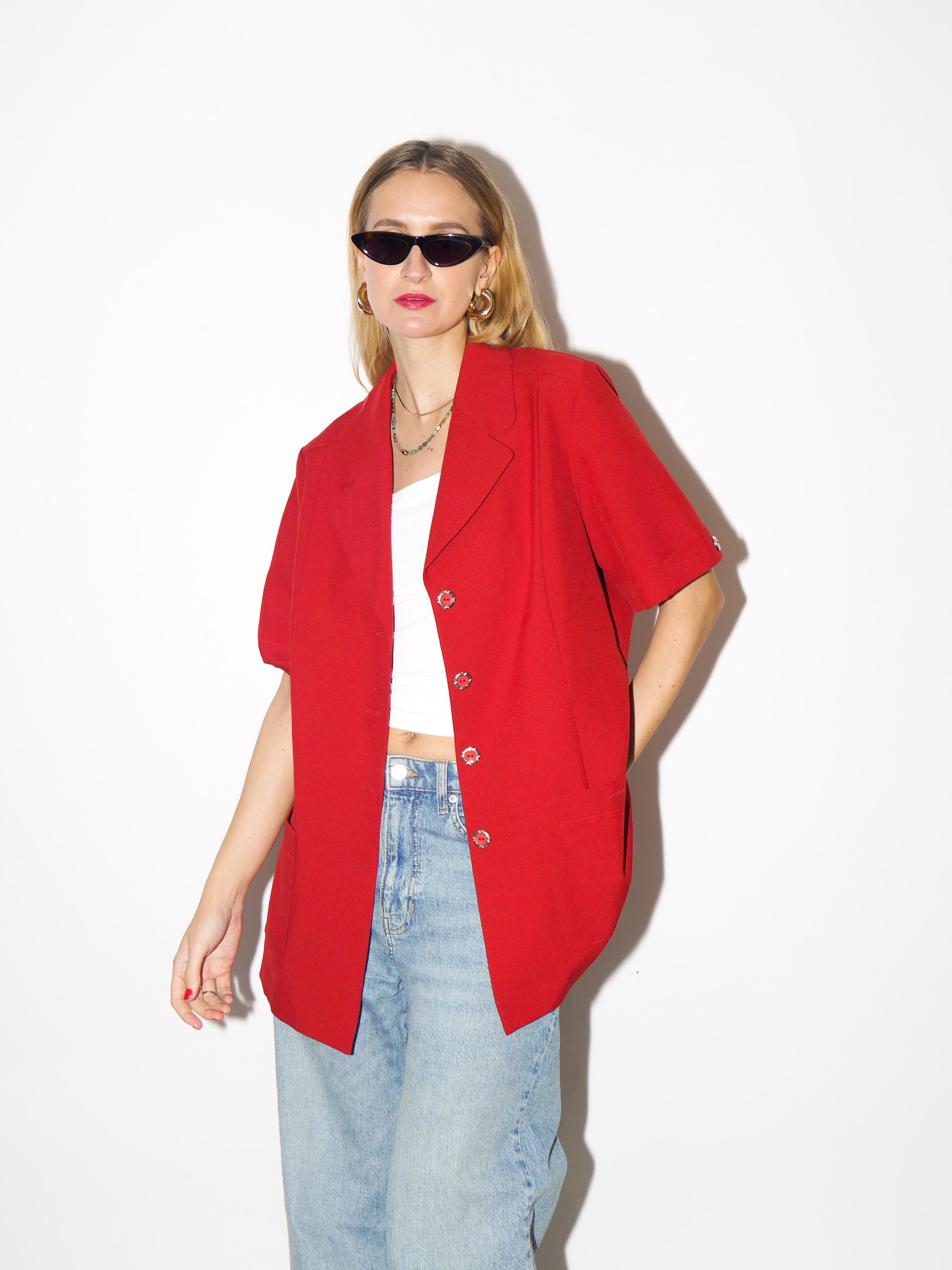 VINTAGE red blazer from 1980s, long blazer with short sleeve and gold buttons