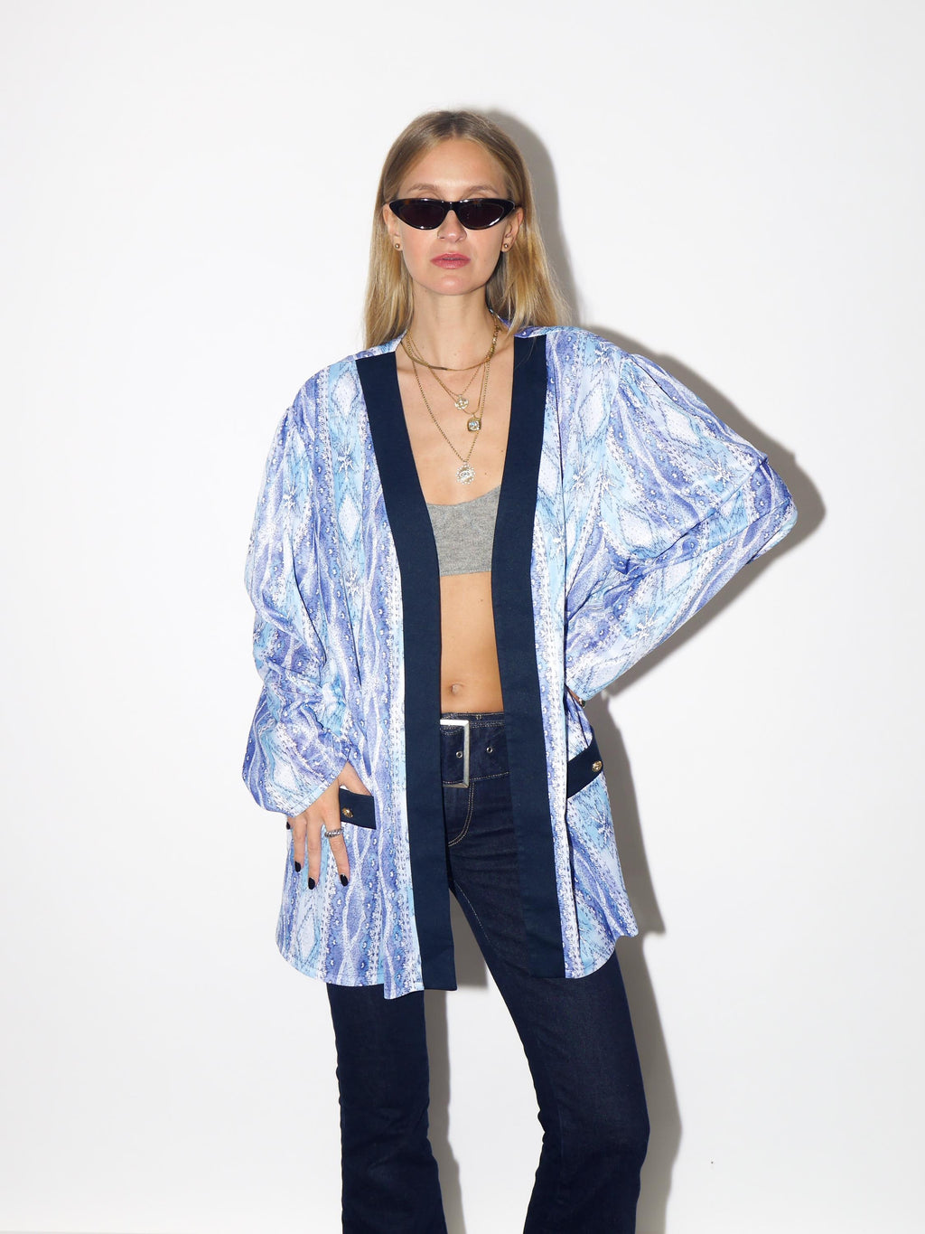 VINTAGE Navy Abstract Print Blazer From The 1980s With Navy Trim