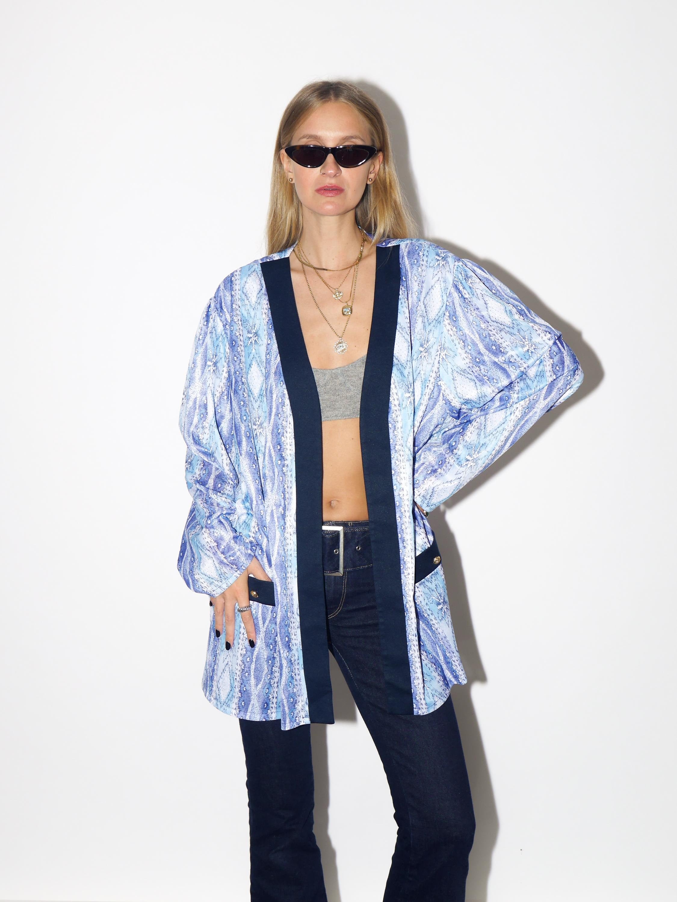 VINTAGE Navy Abstract Print Blazer From The 1980s With Navy Trim