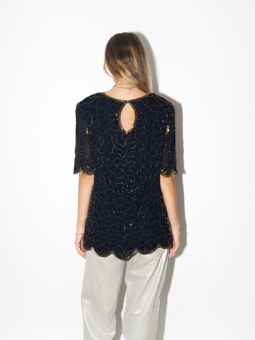 VINTAGE Black Viscose Blouse From The 1980s With Gold Beads And Sequins By Katherine Hart