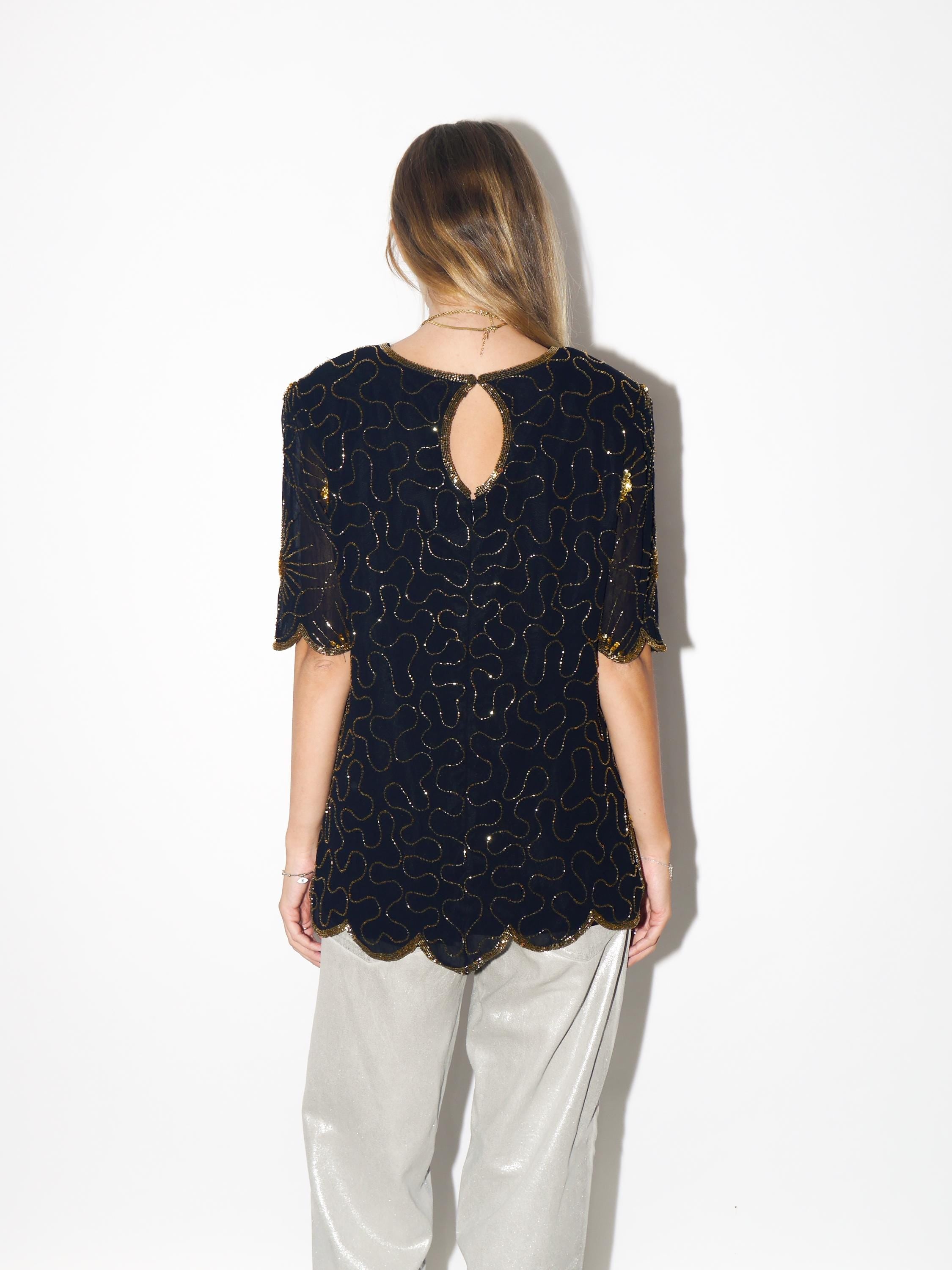VINTAGE Black Viscose Blouse From The 1980s With Gold Beads And Sequins By Katherine Hart