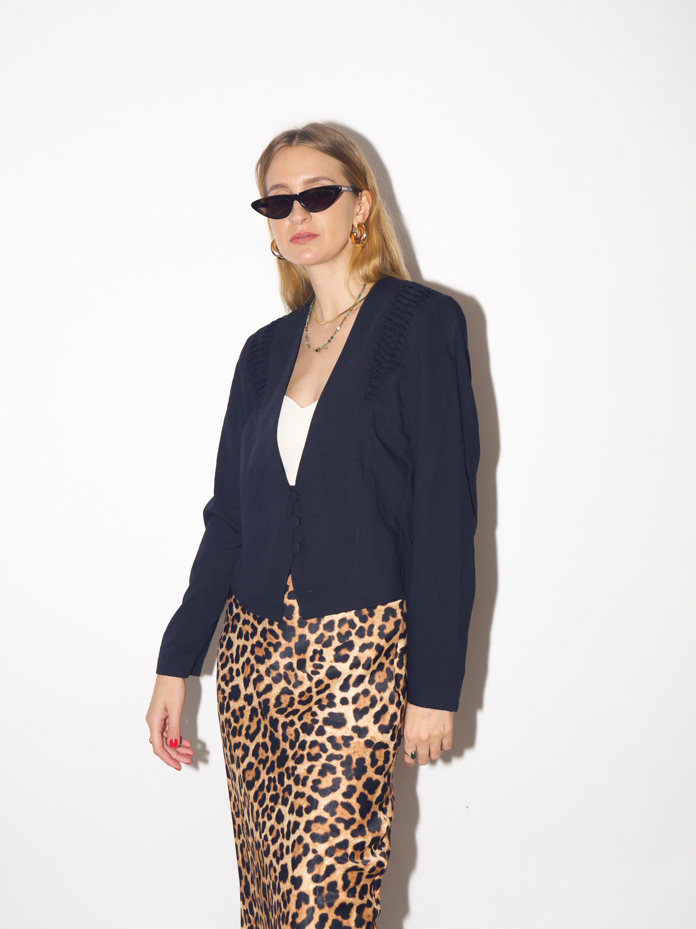 VINTAGE short blazer in dark navy with scrunchy details from 1980s