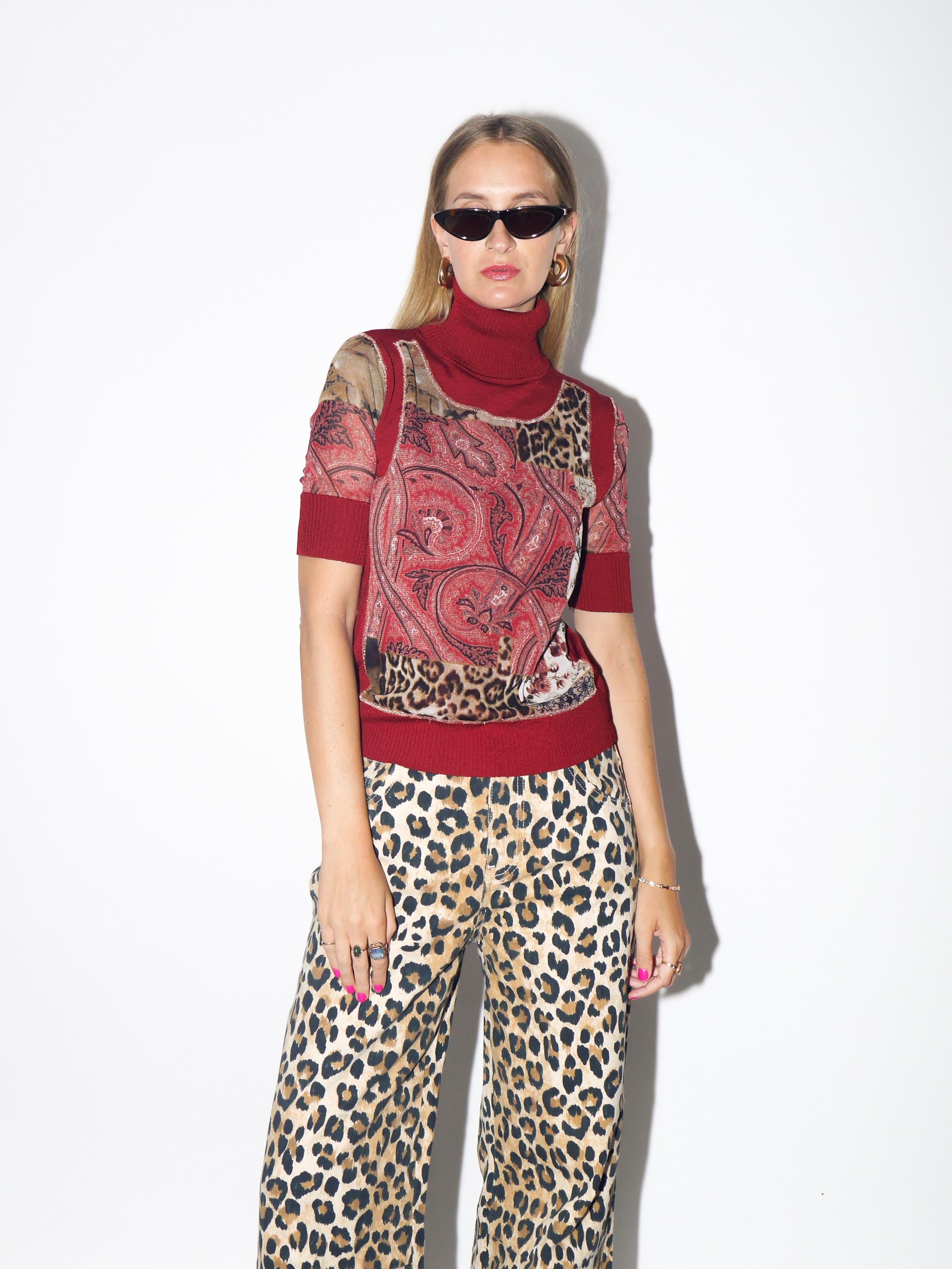 VINTAGE Deep Red Viscose Turtleneck Short Sleeve Blouse With Sheer Sleeves And Animal Print Accents From The 1980s By Betty Barclay