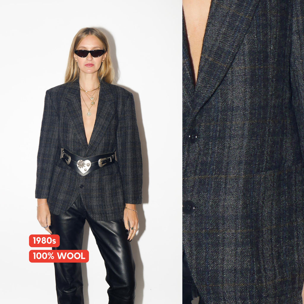 VINTAGE Black And Grey Checked Wool Blazer From The 1980s Made In Western Germany