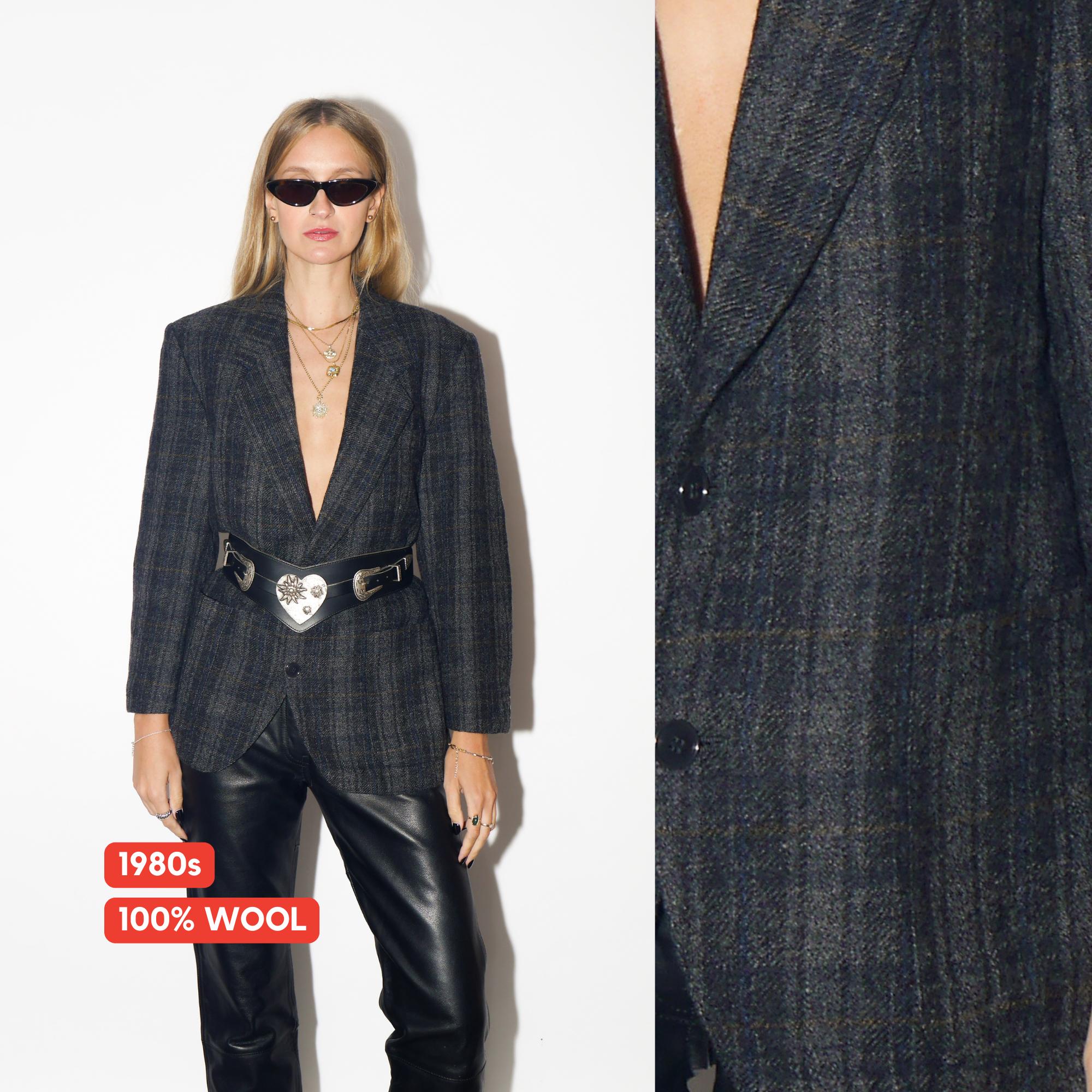 VINTAGE Black And Grey Checked Wool Blazer From The 1980s Made In Western Germany