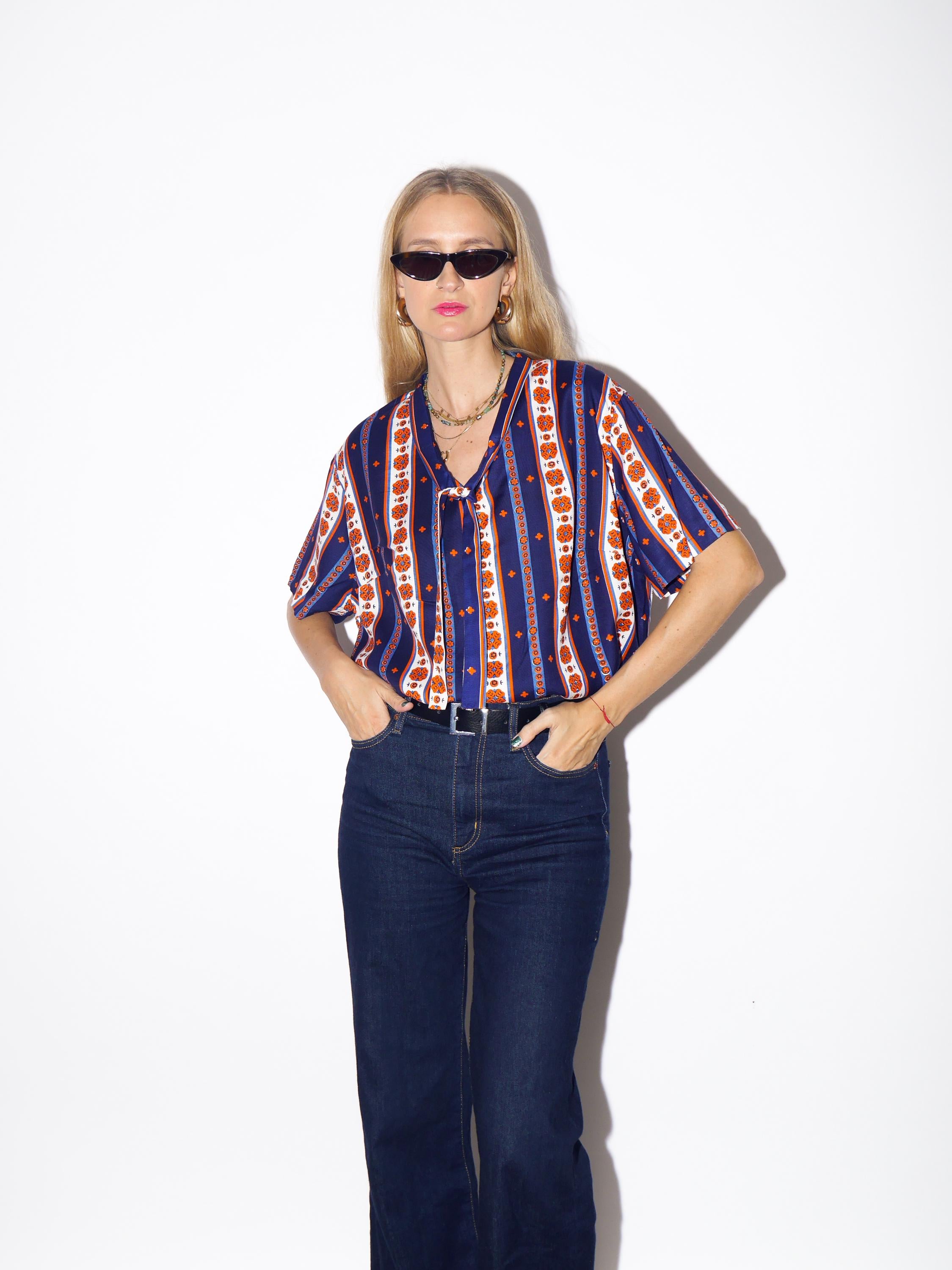 1970s Striped Blouse - Vintage Navy/Orange/White Vertical Striped Handmade Shirt with Folk Print and Front Bow, Retro Short Sleeve Blouse