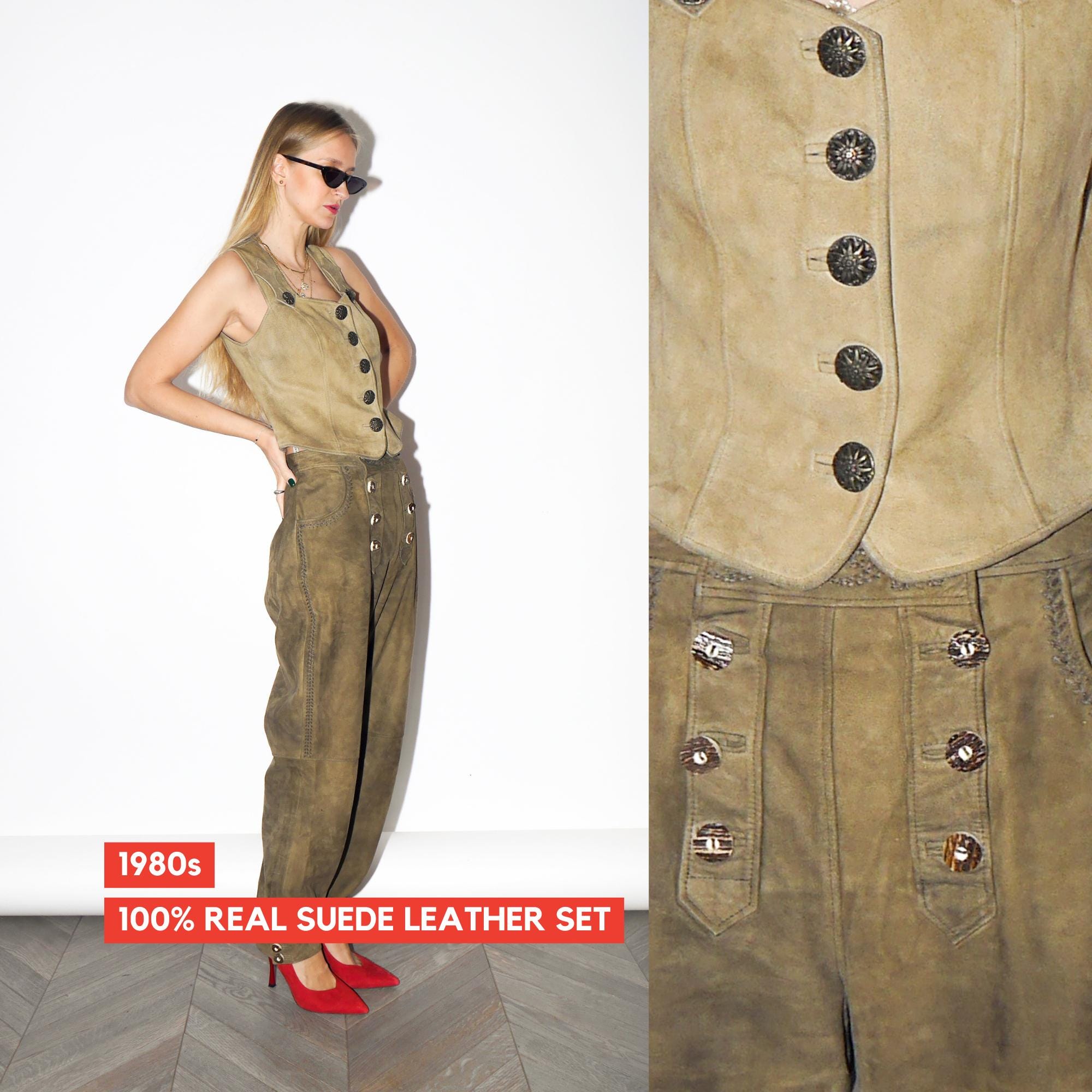 VINTAGE Beige Austrian Suede Leather Set With Folk Buttons And Corset Back From The 1980s By Julius Lang
