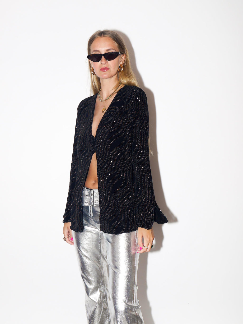 VINTAGE Black Long Sleeve Blouse With Copper Wavy Print And Slit Sleeves From The 1980s By Your Sixth Sense