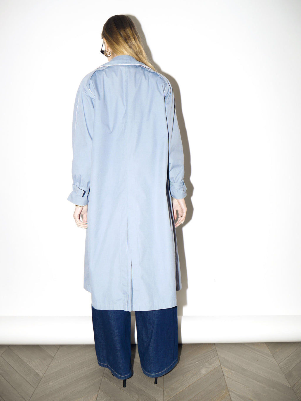 VINTAGE Baby Blue Trench Coat from 1980s | Midi Blue Cotton Trench Coat