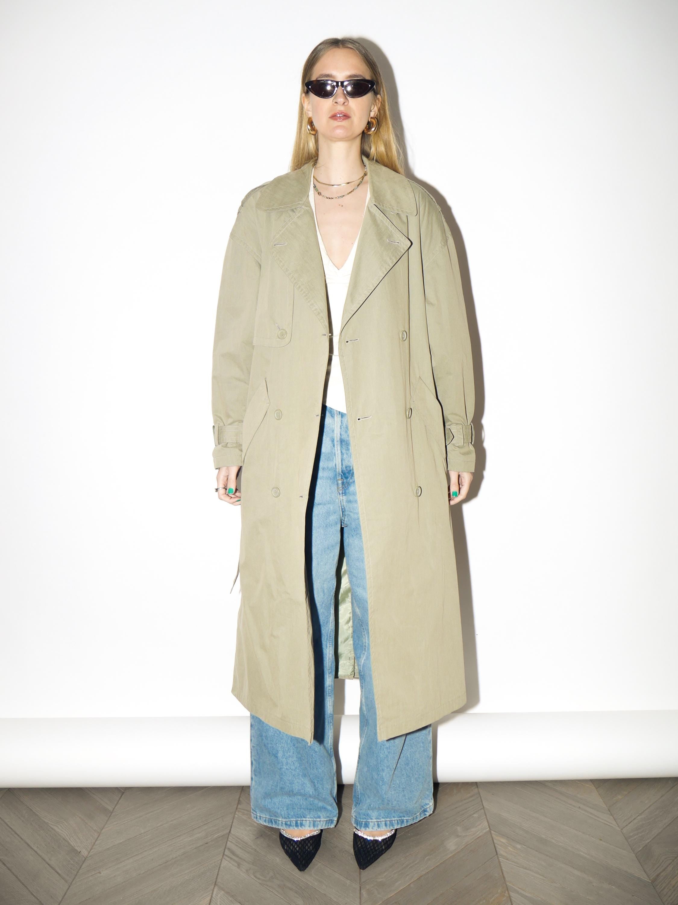 VINTAGE Khaki Maxi Trench Coat from 1980s | Oversized Cotton Trench