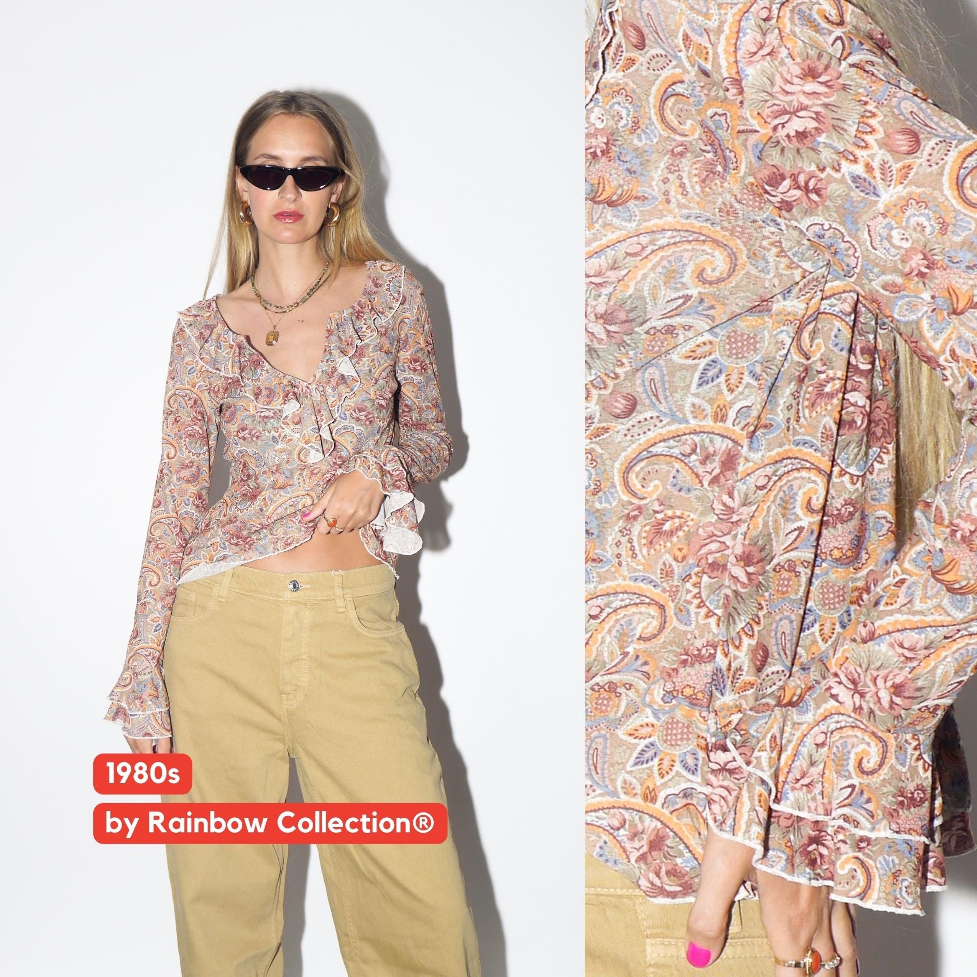 VINTAGE Boho Khaki Beige Floral Blouse With Ruffles And Metal Neckline Loops From The 1990s By Rainbow Collection