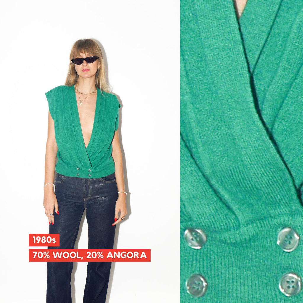 VINTAGE Dark Green Lambswool And Angora Vest With Deep V‑Neck From The 1980s By Potomac Collection