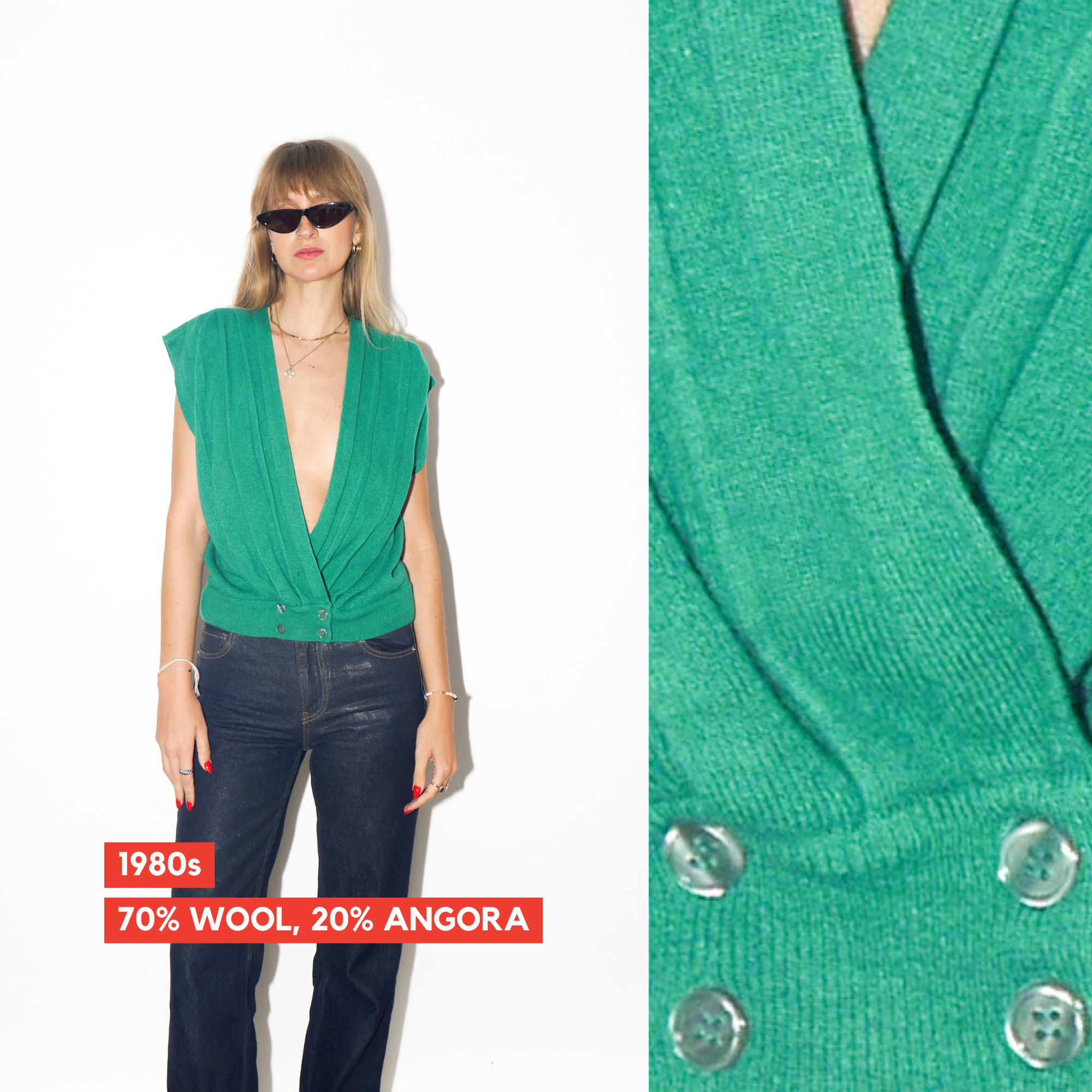 VINTAGE Dark Green Lambswool And Angora Vest With Deep V‑Neck From The 1980s By Potomac Collection