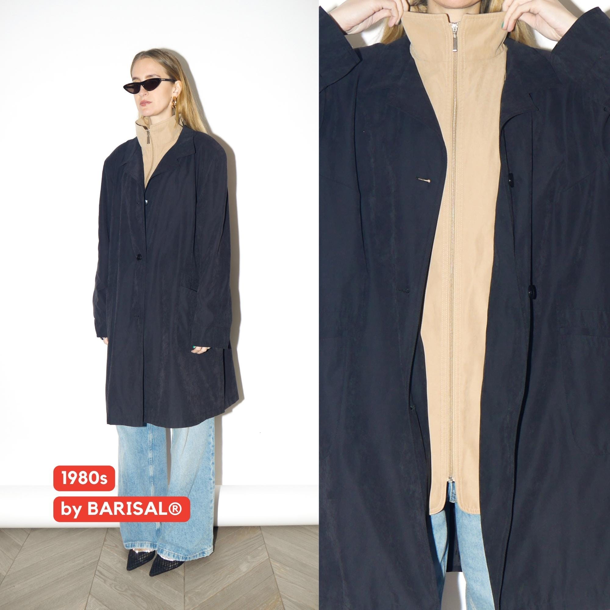 VINTAGE Black & Camel Beige Oversized Trench Coat from 1980s | by Barisal®