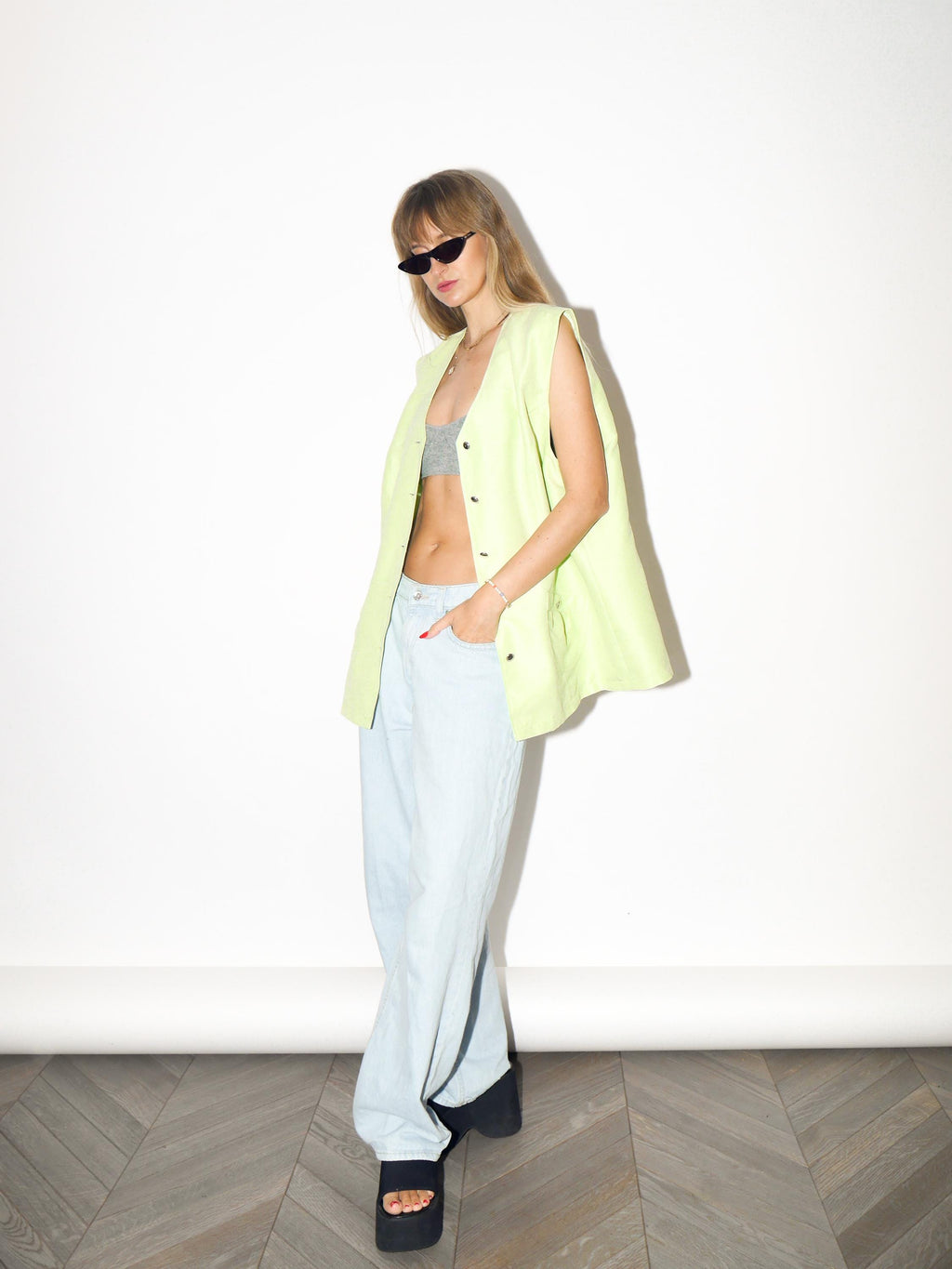 VINTAGE Neon Pistachio Green Statement Vest With Metal Buttons From The 1980s