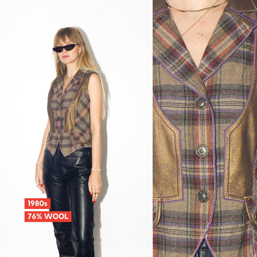 VINTAGE Golden Checked Wool Blend Vest With Metallic Patches From The 1980s By Sportalm