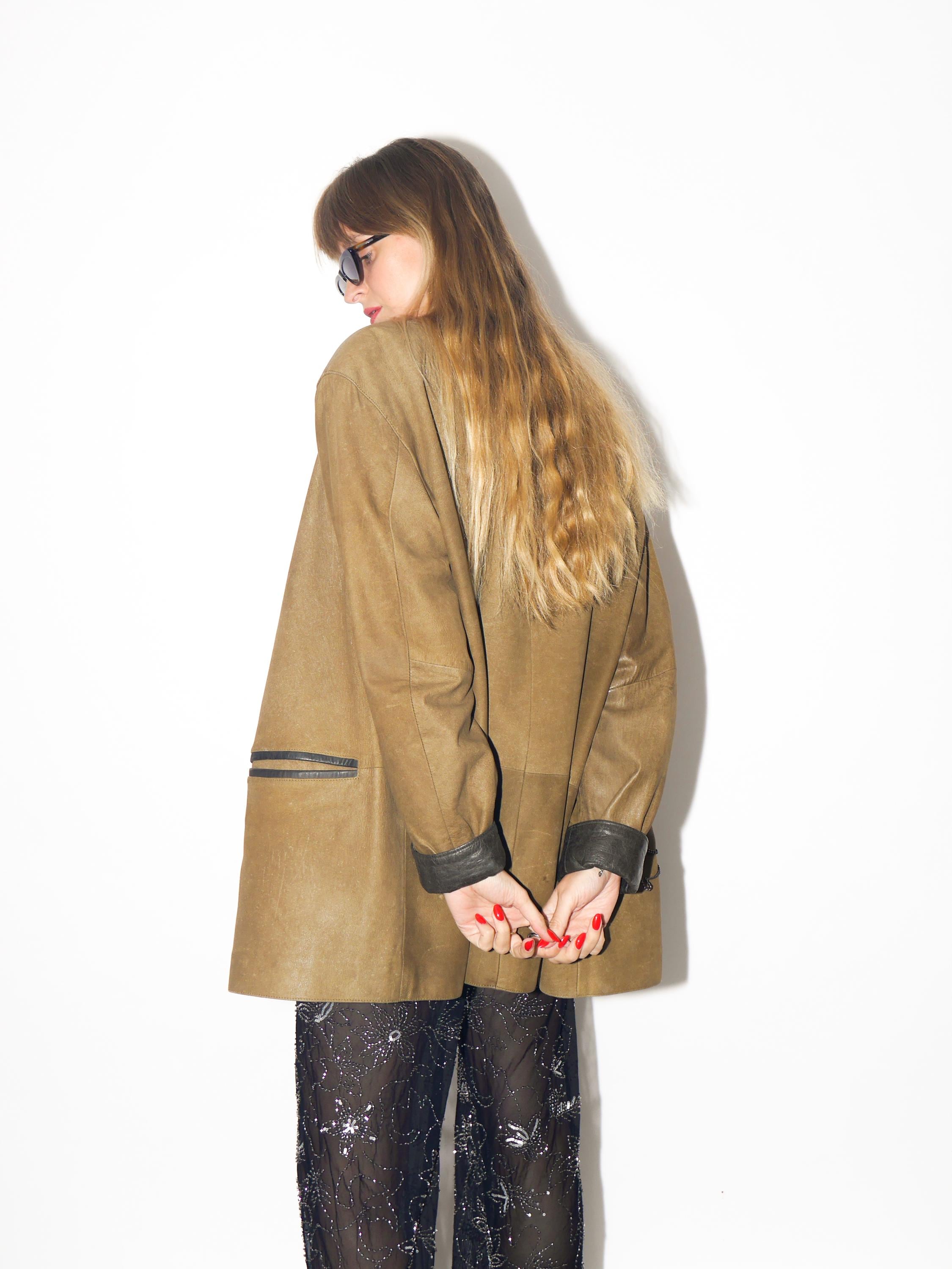 VINTAGE Khaki Brown Matte Leather Jacket With Embroidery From The 1980s by Leather Sound