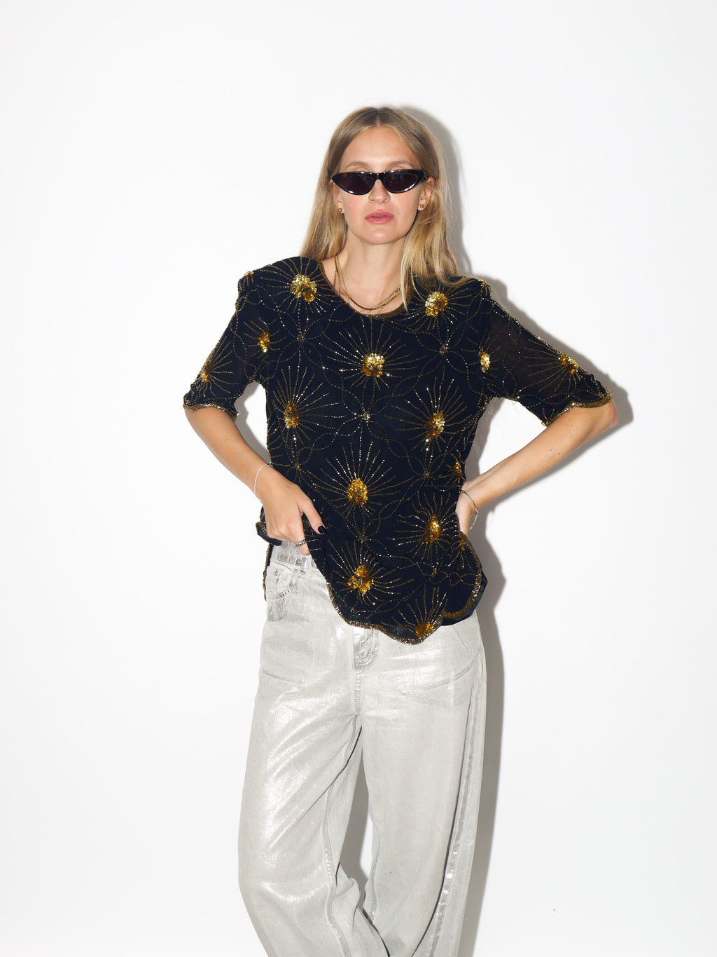 VINTAGE Black Viscose Blouse From The 1980s With Gold Beads And Sequins By Katherine Hart